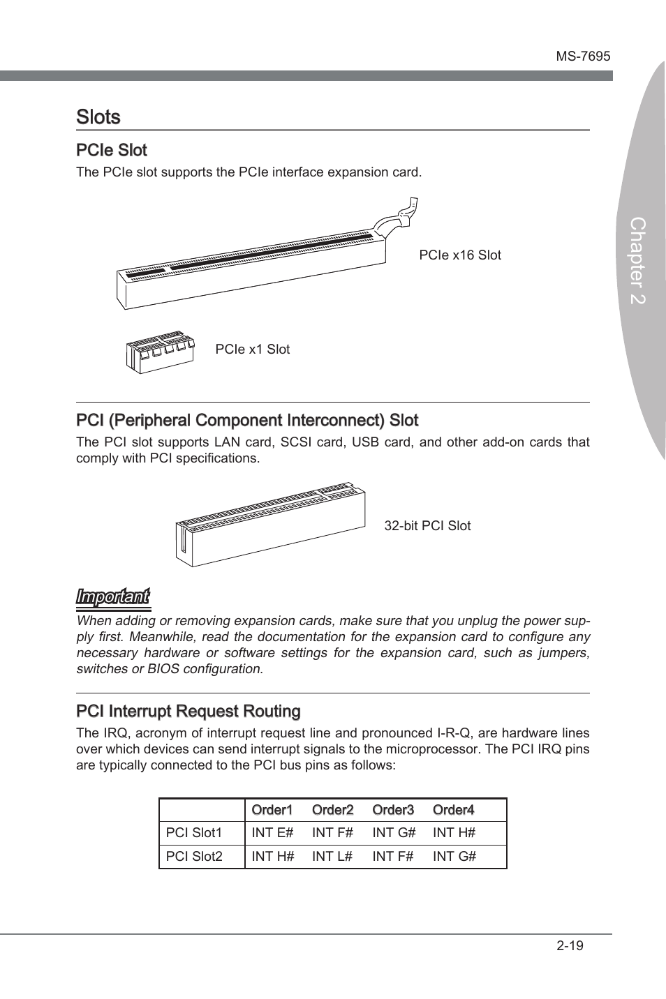 Slots -19, Chapter 2 slots, Pcie slot | Pci (perpheral component interconnect) slot, Important, Pci interrupt request routng | MSI A75A-G55 Manual User Manual | Page 35 / 72