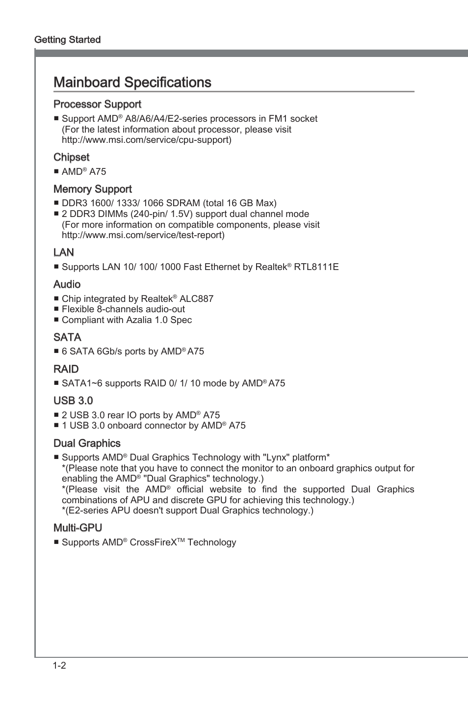 Mainboard specifications, Manboard specficatons -2, Manboard specficatons | MSI A75A-G35 Manual User Manual | Page 12 / 72