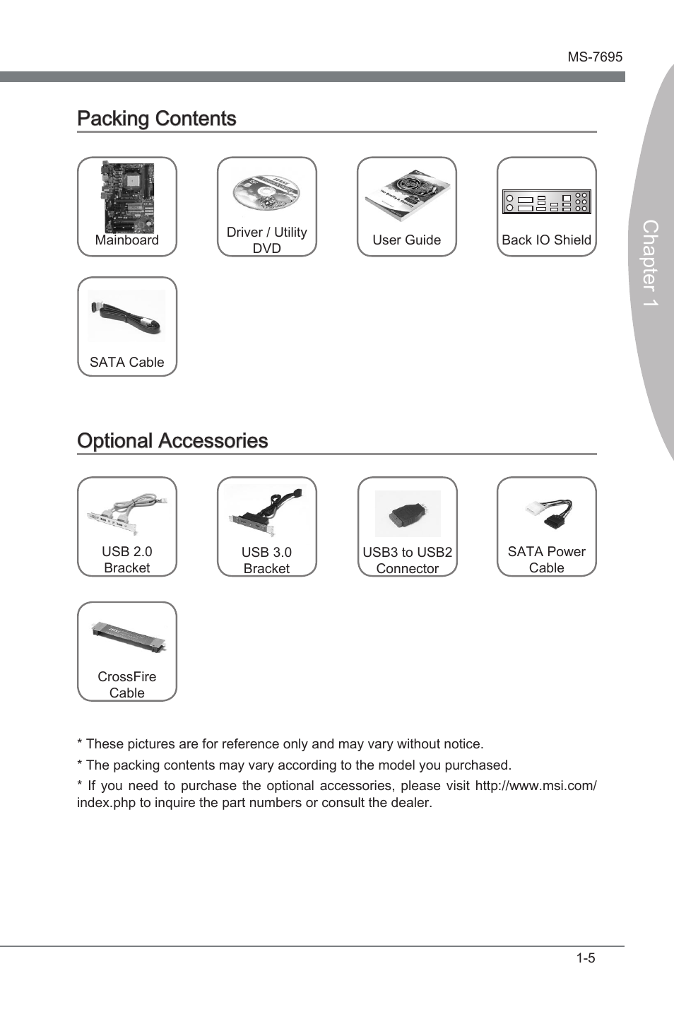 Packing contents, Optional accessories, Packng contents -5 optonal accessores -5 | Chapter 1 packng contents, Optonal accessores | MSI A75A-G35 Manual User Manual | Page 15 / 72