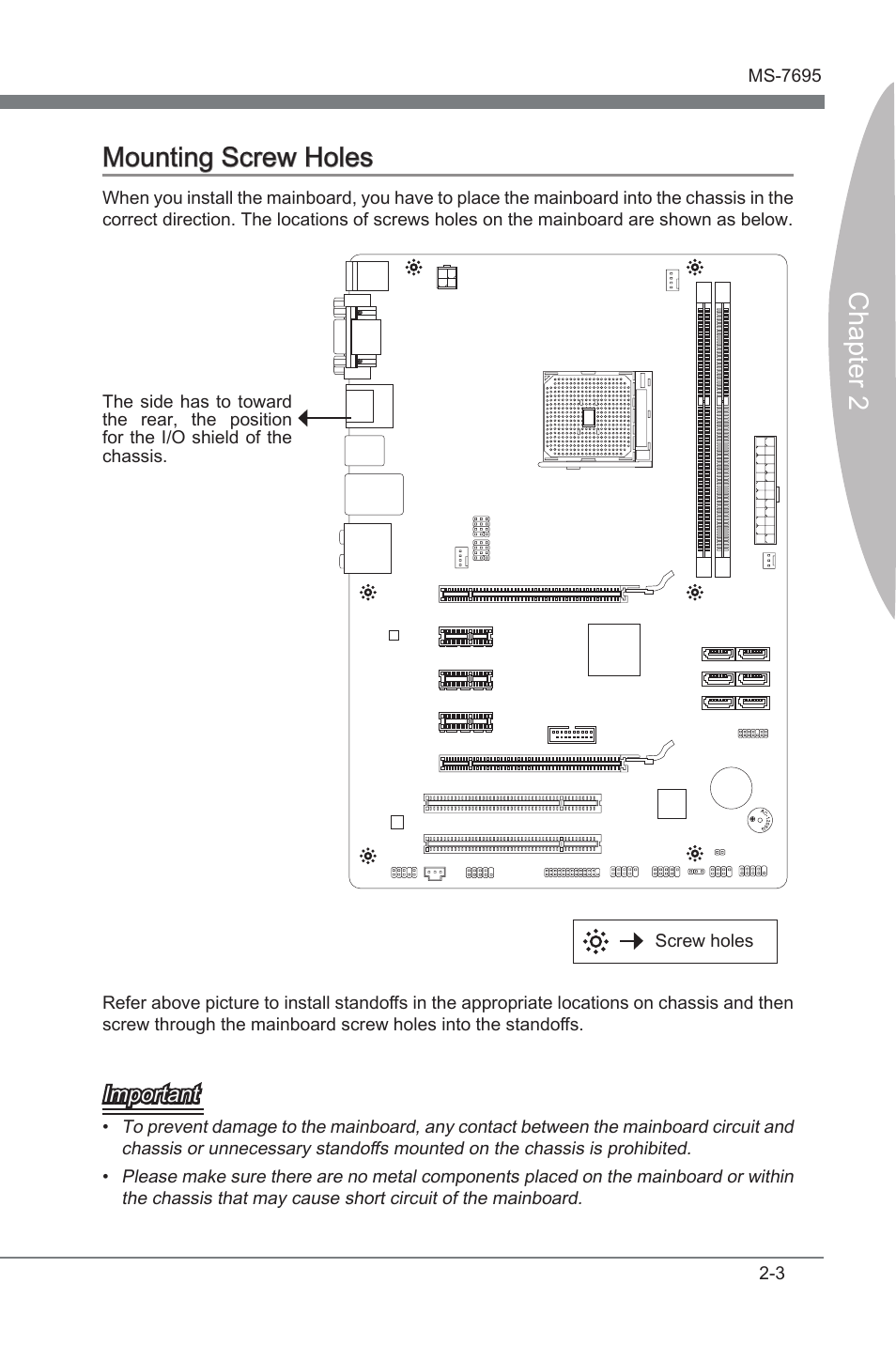 Mounting screw holes, Mountng screw holes -3, Chapter 2 mountng screw holes | Important | MSI A75A-G35 Manual User Manual | Page 19 / 72