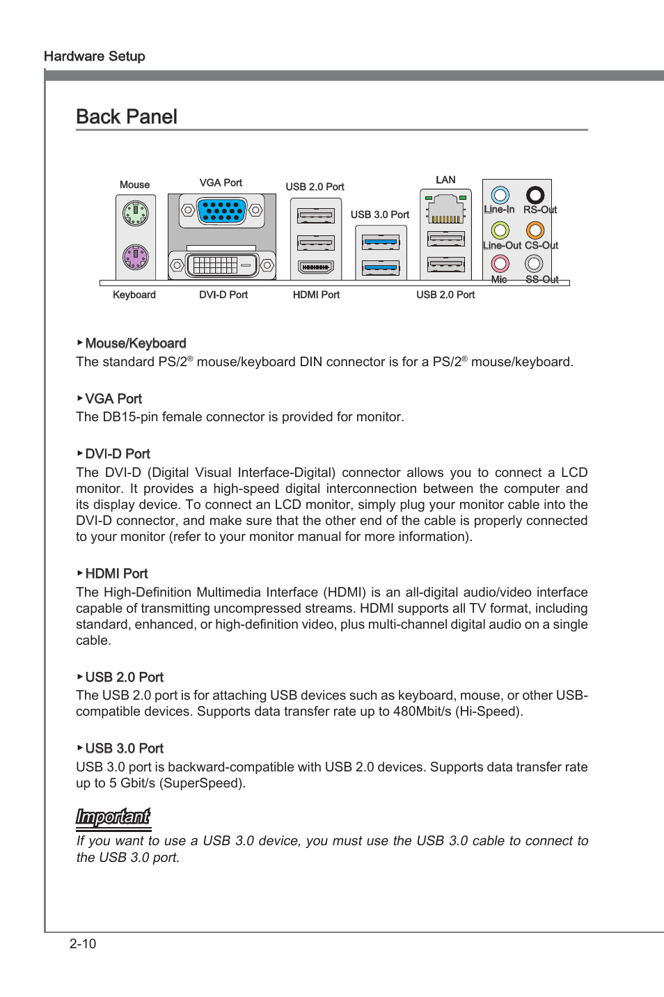 Back panel, Back panel -10, Important | MSI A75A-G35 Manual User Manual | Page 26 / 72