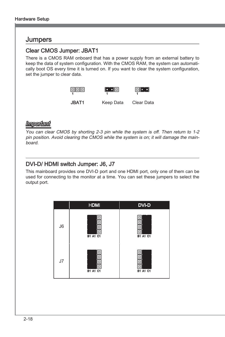 Jumpers, Jumpers -18, Clear cmos jumper: jbat1 | Important, Dvi-d/ hdmi swtch jumper: j6, j7 | MSI A75A-G35 Manual User Manual | Page 34 / 72