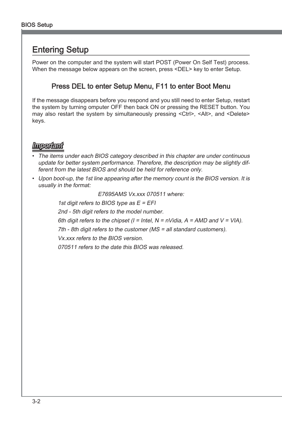 Entering setup, Enterng setup -2, Chapter 3 | Chapter 3 enterng setup, Important | MSI A75A-G35 Manual User Manual | Page 38 / 72