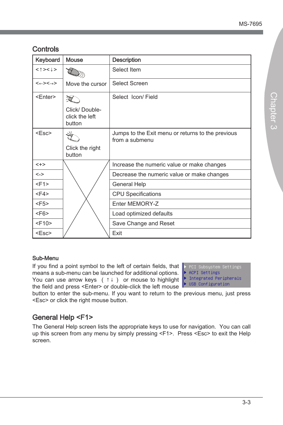 Chapter 3, Controls, General help <f1 | MSI A75A-G35 Manual User Manual | Page 39 / 72