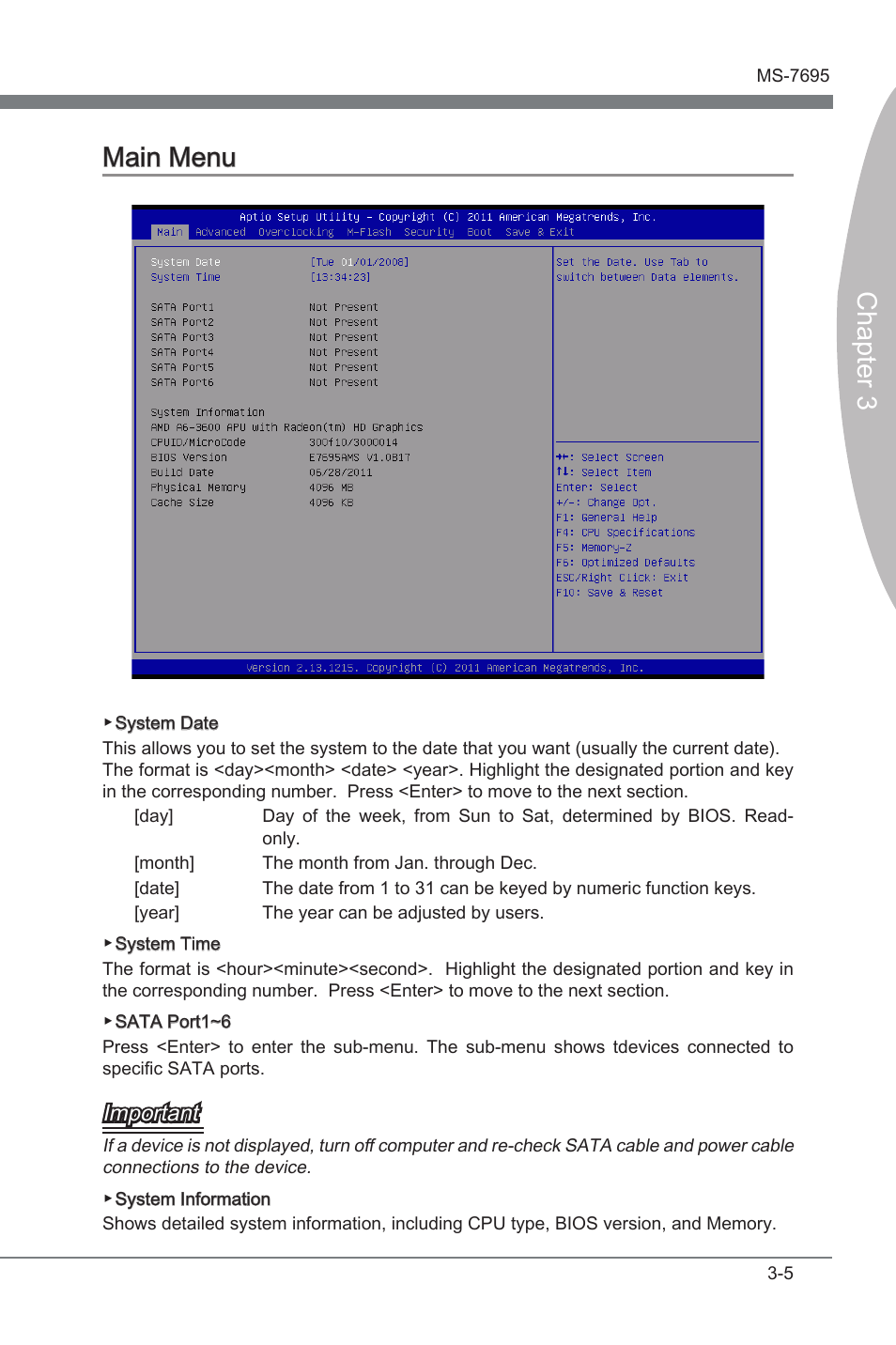 Main menu, Man menu -5, Chapter 3 | Chapter 3 man menu, Important | MSI A75A-G35 Manual User Manual | Page 41 / 72