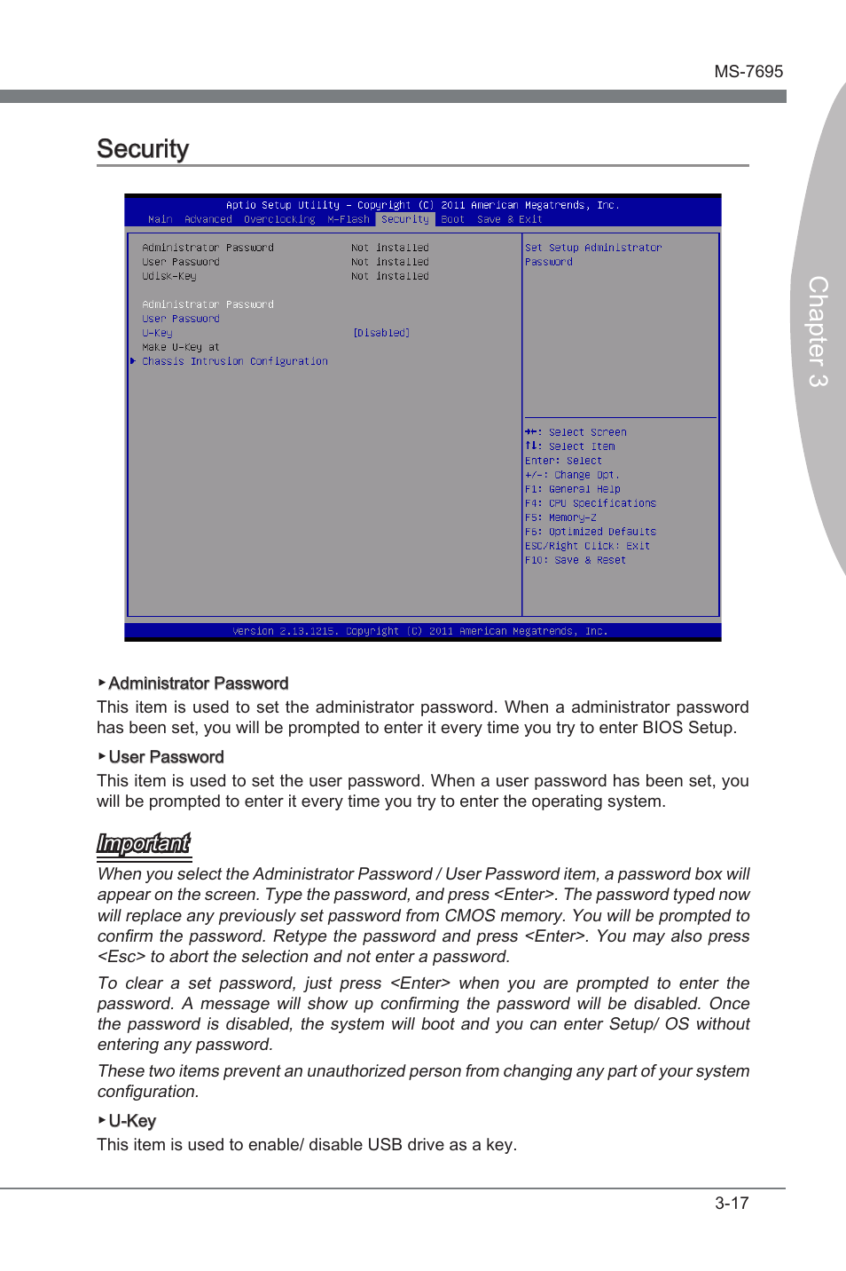 Security, Securty -17, Chapter 3 | Chapter 3 securty, Important | MSI A75A-G35 Manual User Manual | Page 53 / 72