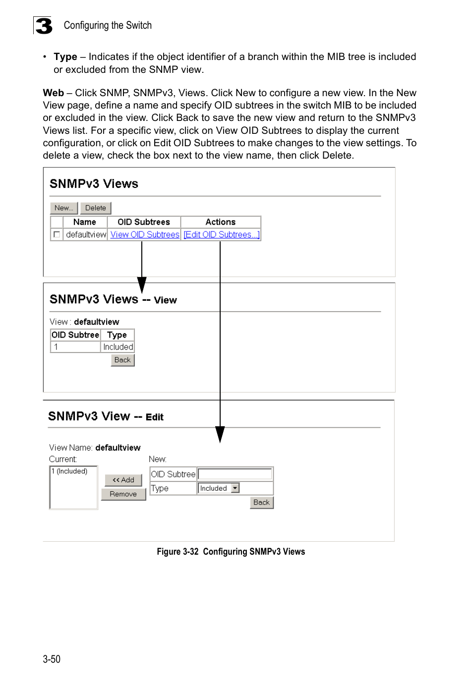 Figure 3-32 configuring snmpv3 views | Accton Technology Edge-corE Fast Ethernet Switch ES3528M-SFP User Manual | Page 100 / 644