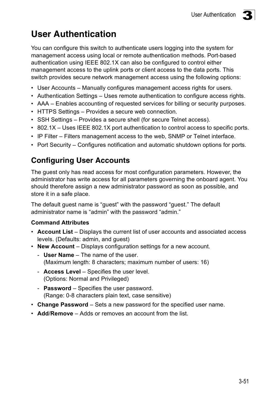 User authentication, Configuring user accounts | Accton Technology Edge-corE Fast Ethernet Switch ES3528M-SFP User Manual | Page 101 / 644