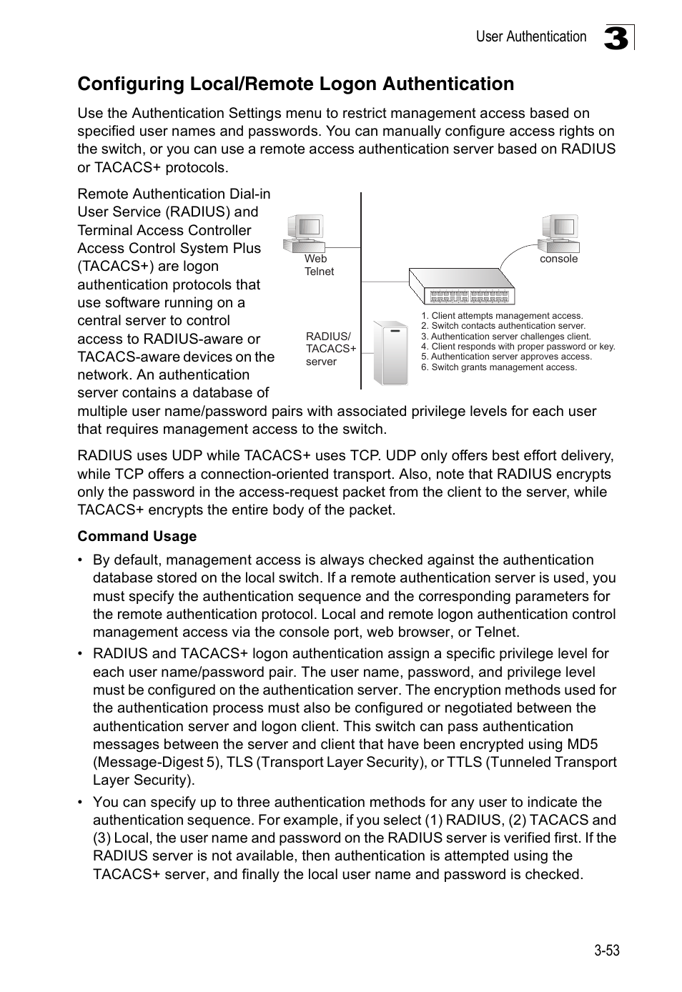 Configuring local/remote logon authentication | Accton Technology Edge-corE Fast Ethernet Switch ES3528M-SFP User Manual | Page 103 / 644