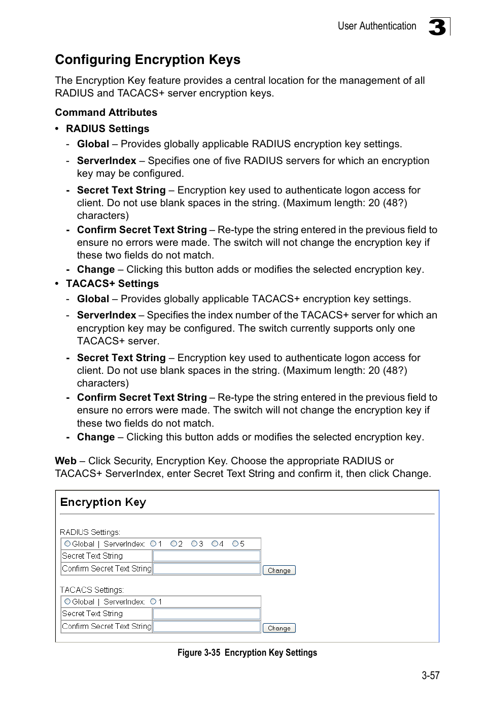 Configuring encryption keys, Figure 3-35 encryption key settings | Accton Technology Edge-corE Fast Ethernet Switch ES3528M-SFP User Manual | Page 107 / 644