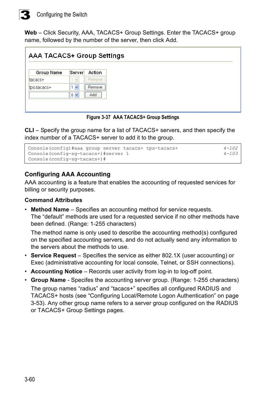 Configuring aaa accounting, Figure 3-37 aaa tacacs+ group settings | Accton Technology Edge-corE Fast Ethernet Switch ES3528M-SFP User Manual | Page 110 / 644