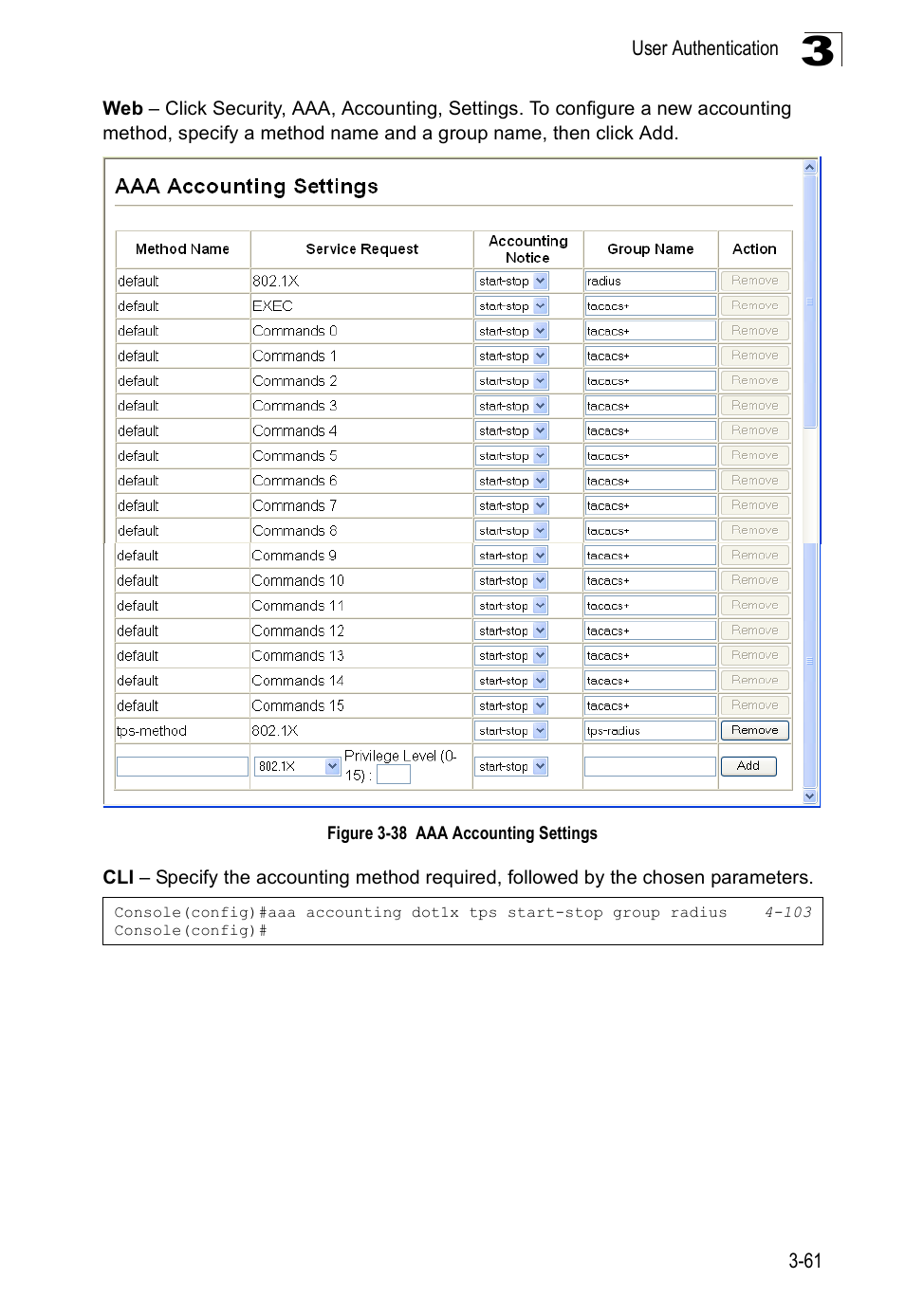 Figure 3-38 aaa accounting settings | Accton Technology Edge-corE Fast Ethernet Switch ES3528M-SFP User Manual | Page 111 / 644