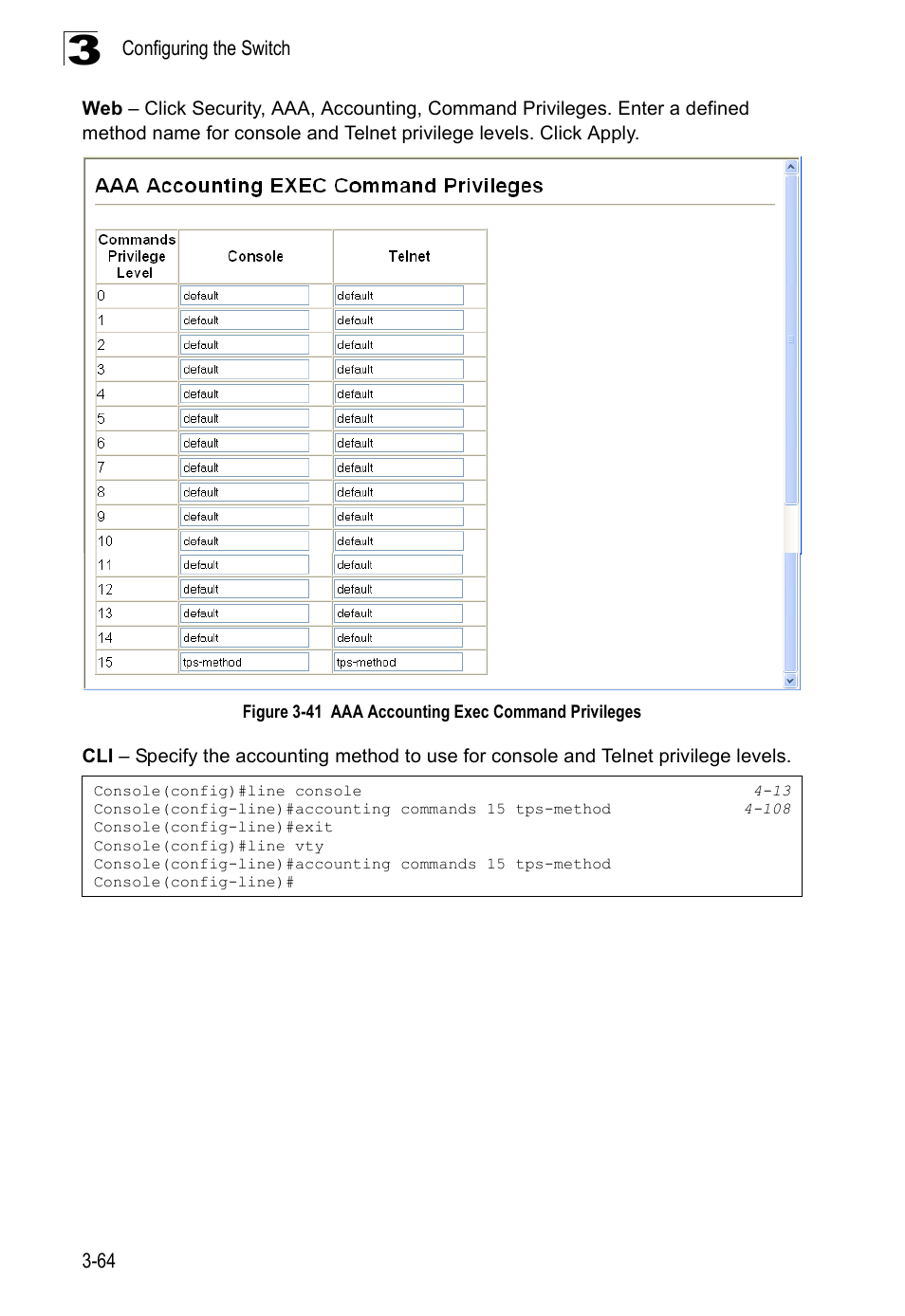 Figure 3-41 aaa accounting exec command privileges | Accton Technology Edge-corE Fast Ethernet Switch ES3528M-SFP User Manual | Page 114 / 644