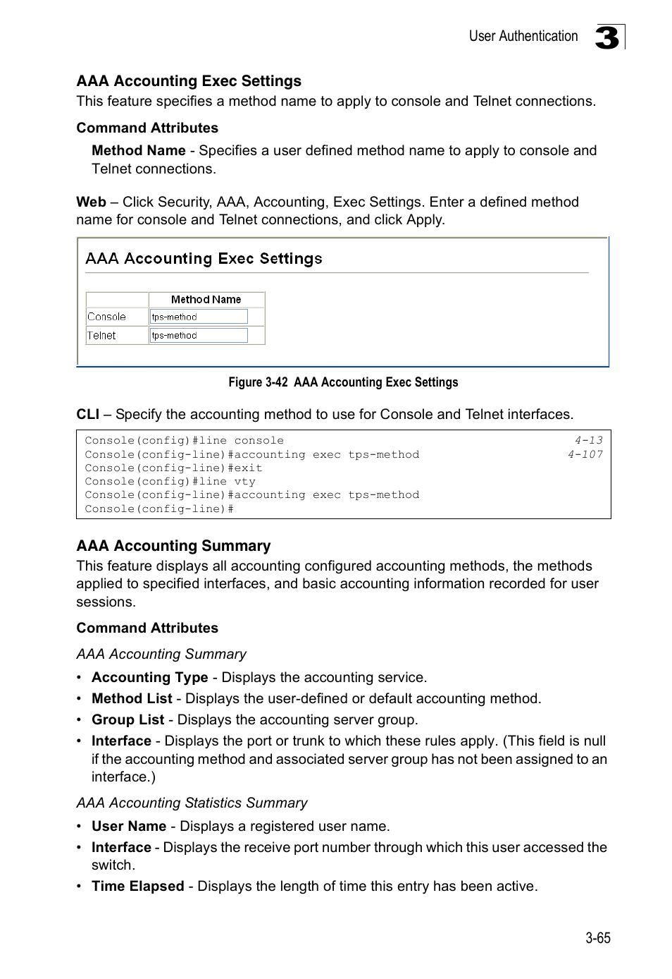 Aaa accounting exec settings, Aaa accounting summary, Figure 3-42 aaa accounting exec settings | Accton Technology Edge-corE Fast Ethernet Switch ES3528M-SFP User Manual | Page 115 / 644