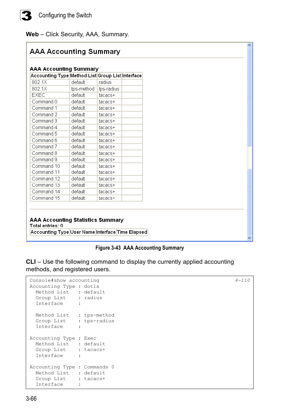 Figure 3-43, Aaa accounting summary | Accton Technology Edge-corE Fast Ethernet Switch ES3528M-SFP User Manual | Page 116 / 644