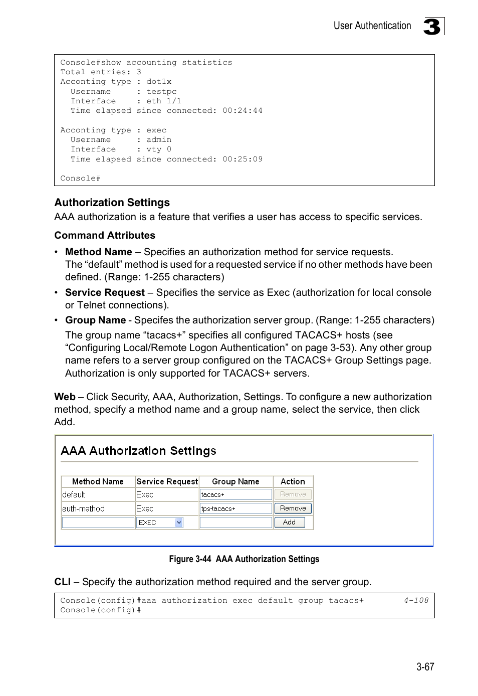 Authorization settings, Figure 3-44, Aaa authorization settings | Accton Technology Edge-corE Fast Ethernet Switch ES3528M-SFP User Manual | Page 117 / 644