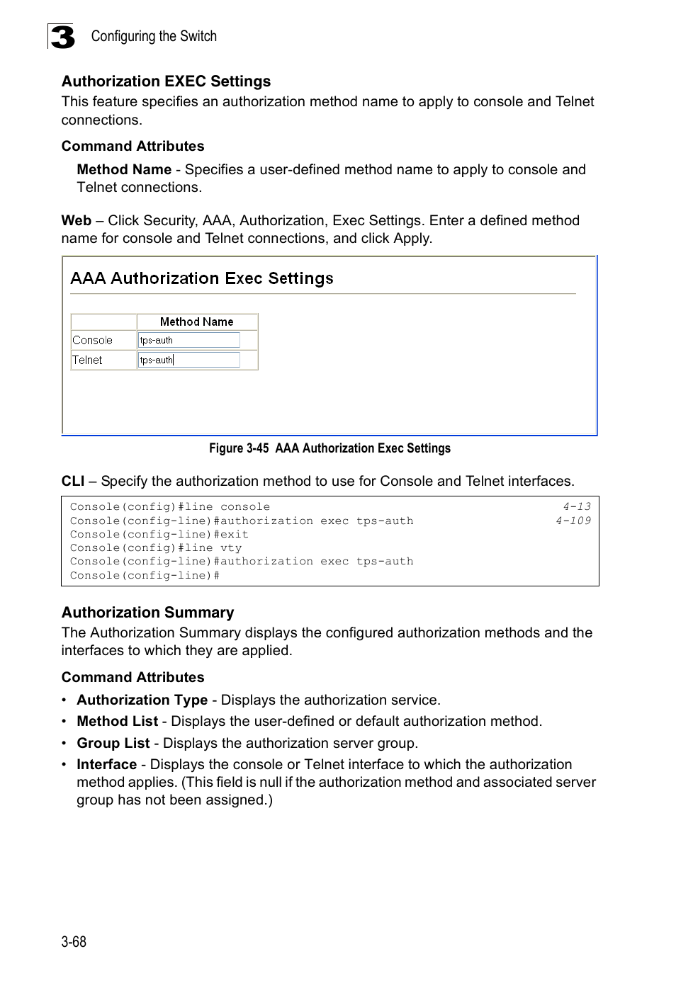 Authorization exec settings, Authorization summary, Figure 3-45 | Aaa authorization exec settings | Accton Technology Edge-corE Fast Ethernet Switch ES3528M-SFP User Manual | Page 118 / 644