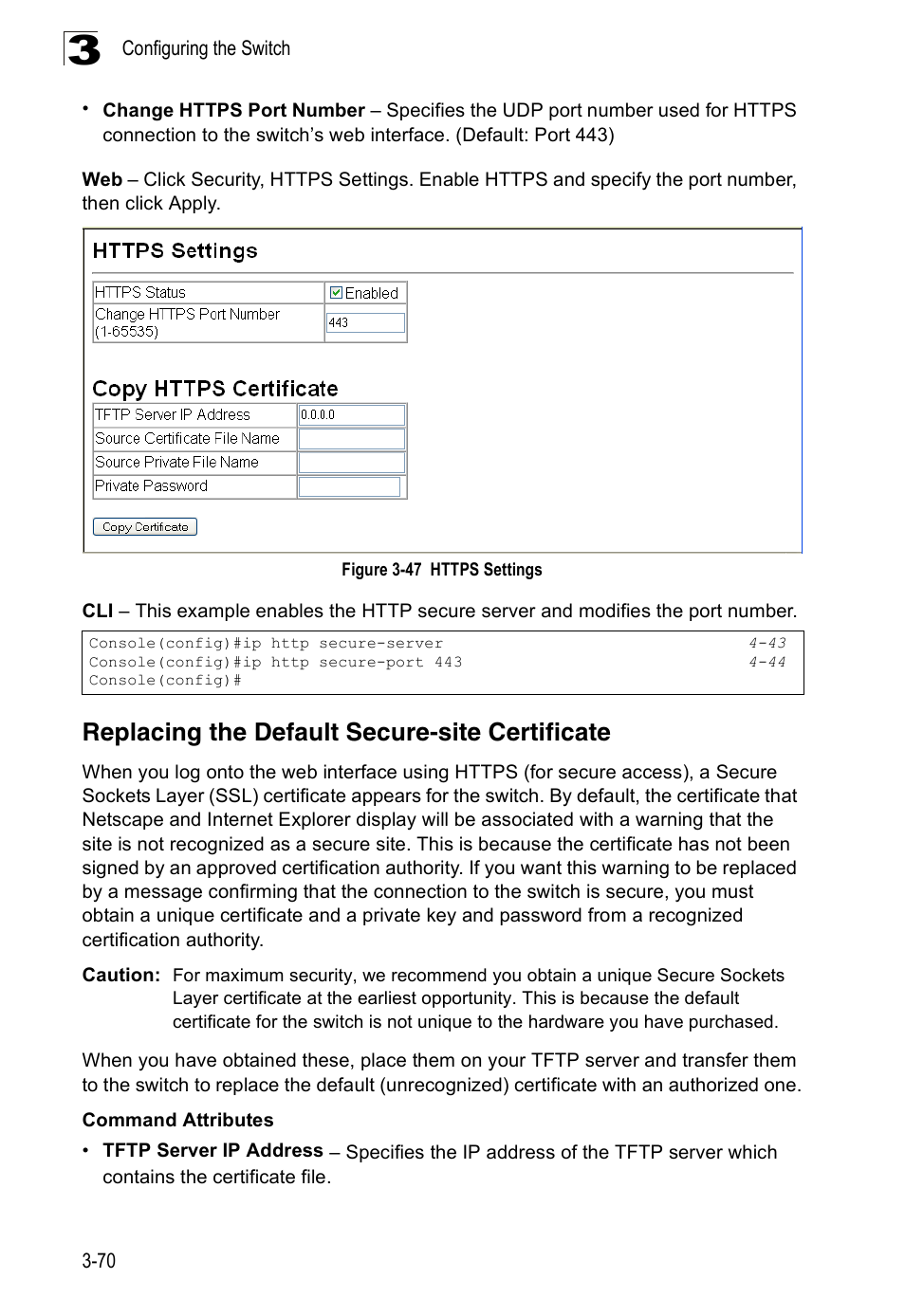 Replacing the default secure-site certificate, Figure 3-47, Https settings | Accton Technology Edge-corE Fast Ethernet Switch ES3528M-SFP User Manual | Page 120 / 644