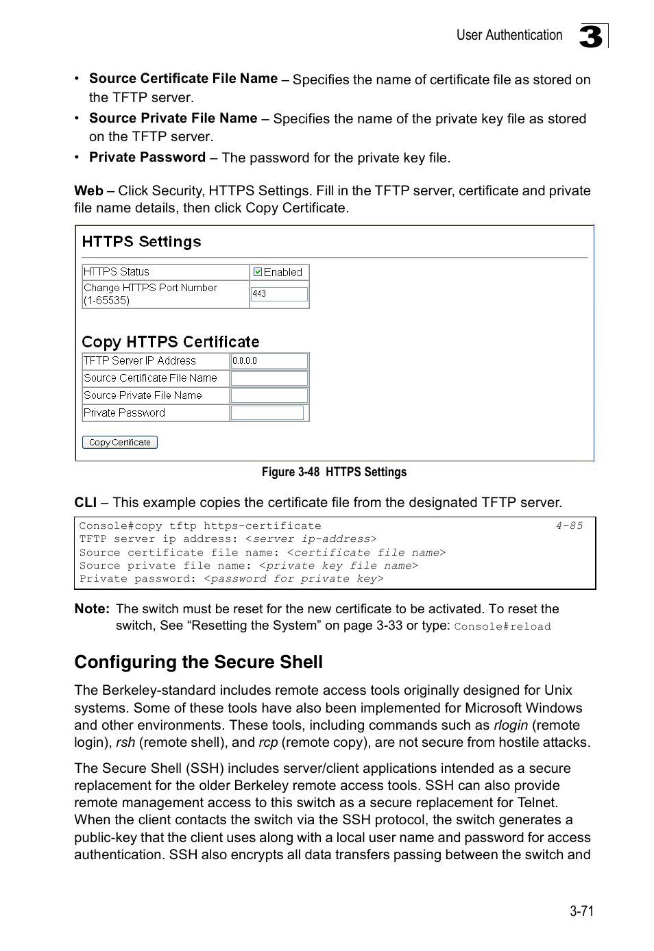 Configuring the secure shell, Figure 3-48, Https settings | Accton Technology Edge-corE Fast Ethernet Switch ES3528M-SFP User Manual | Page 121 / 644
