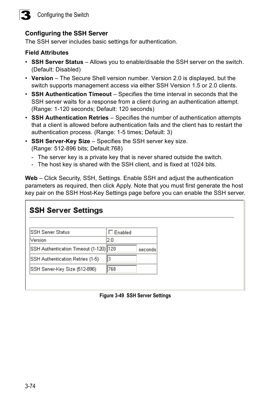 Configuring the ssh server, Figure 3-49, Ssh server settings | Accton Technology Edge-corE Fast Ethernet Switch ES3528M-SFP User Manual | Page 124 / 644