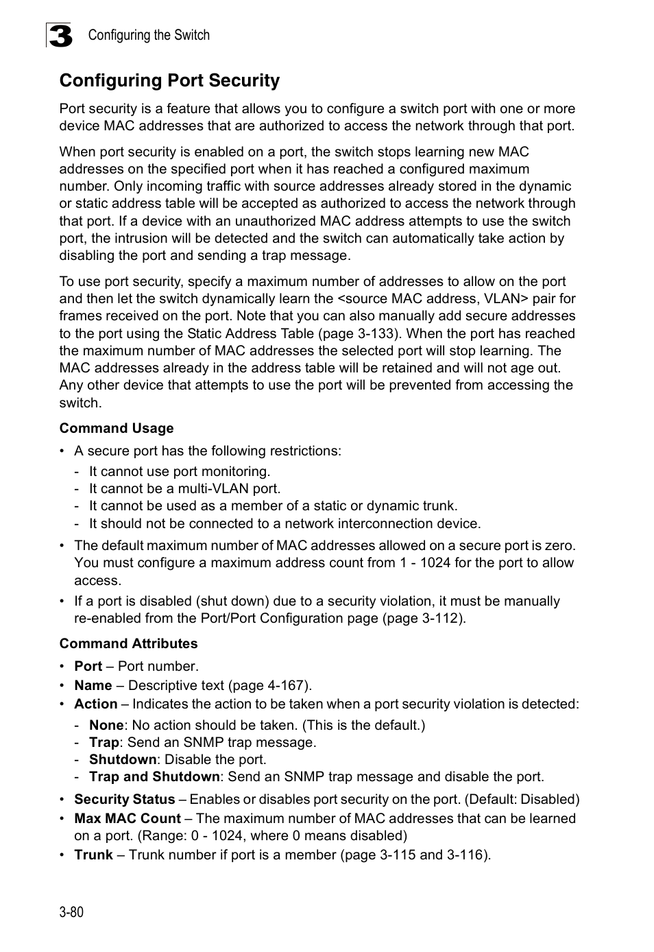 Configuring port security | Accton Technology Edge-corE Fast Ethernet Switch ES3528M-SFP User Manual | Page 130 / 644