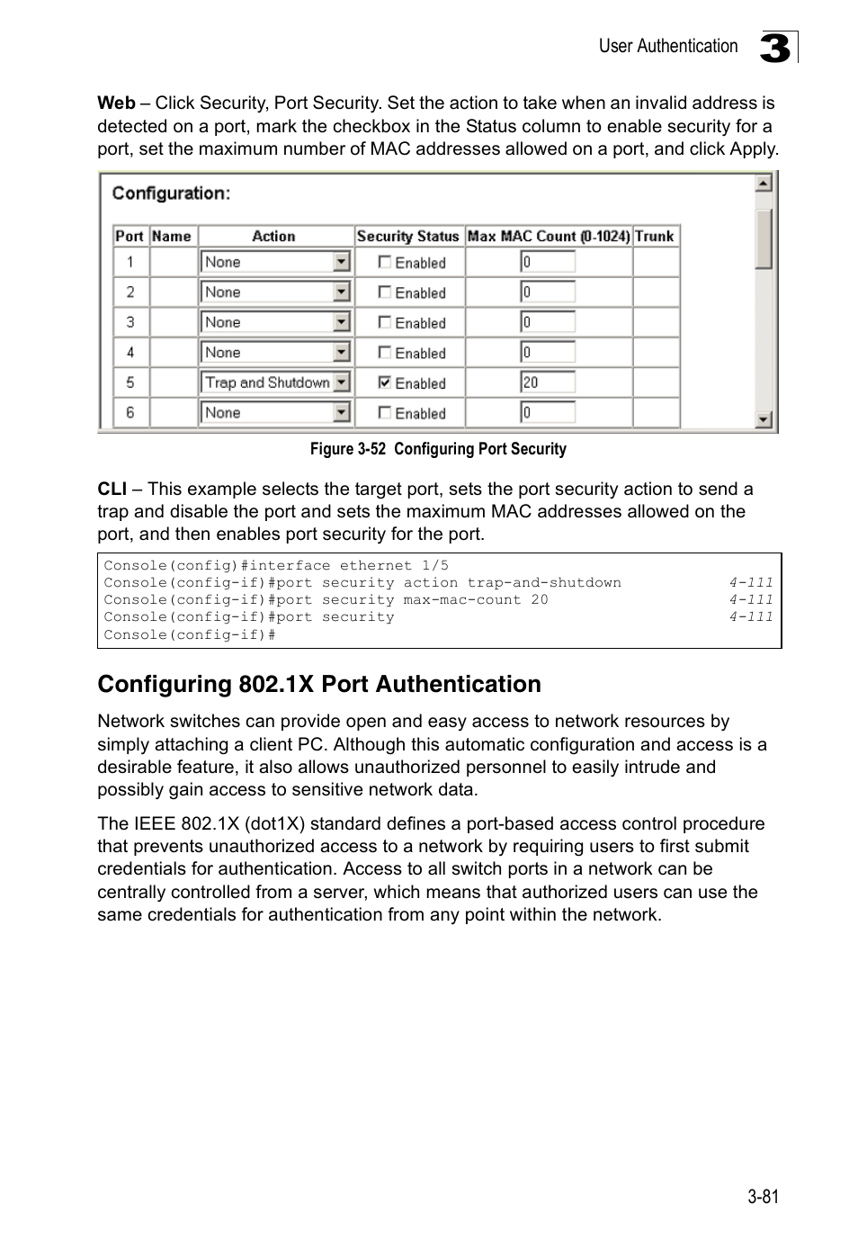 Configuring 802.1x port authentication, Figure 3-52, Configuring port security | Accton Technology Edge-corE Fast Ethernet Switch ES3528M-SFP User Manual | Page 131 / 644