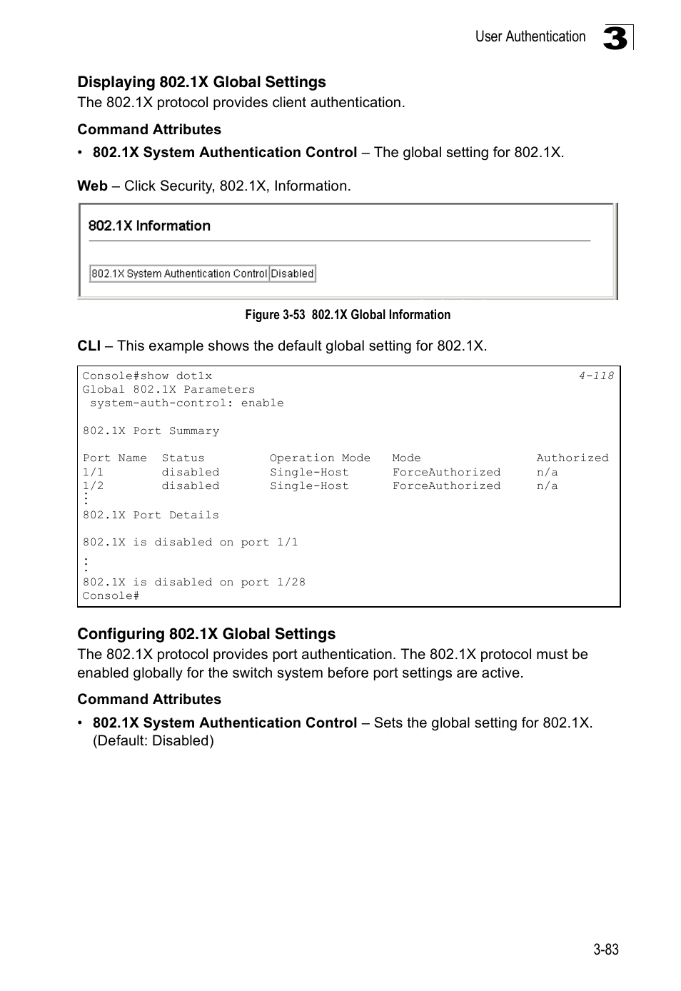 Displaying 802.1x global settings, Configuring 802.1x global settings, Figure 3-53 | 1x global information | Accton Technology Edge-corE Fast Ethernet Switch ES3528M-SFP User Manual | Page 133 / 644