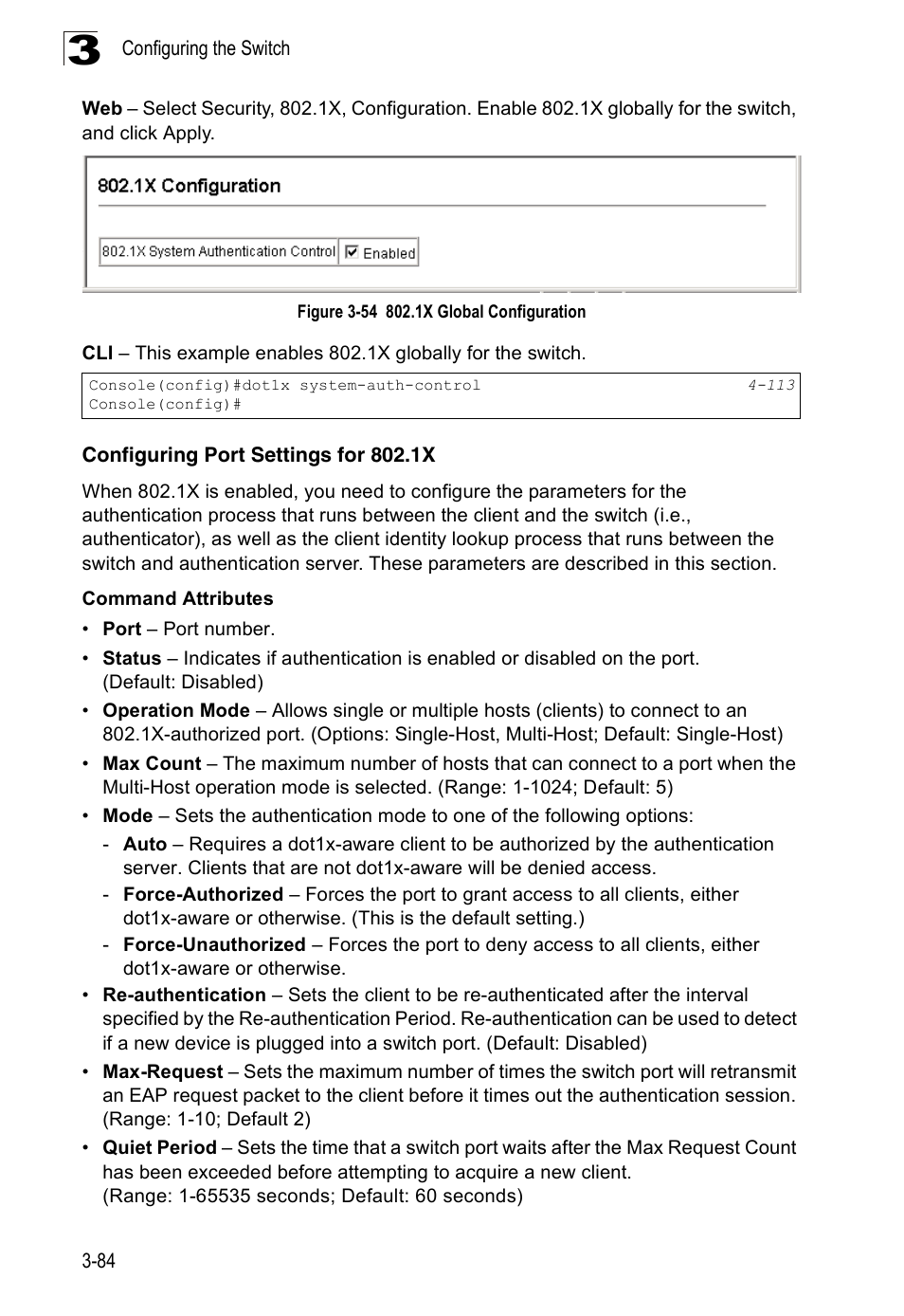 Configuring port settings for 802.1x, Figure 3-54, 1x global configuration | Accton Technology Edge-corE Fast Ethernet Switch ES3528M-SFP User Manual | Page 134 / 644