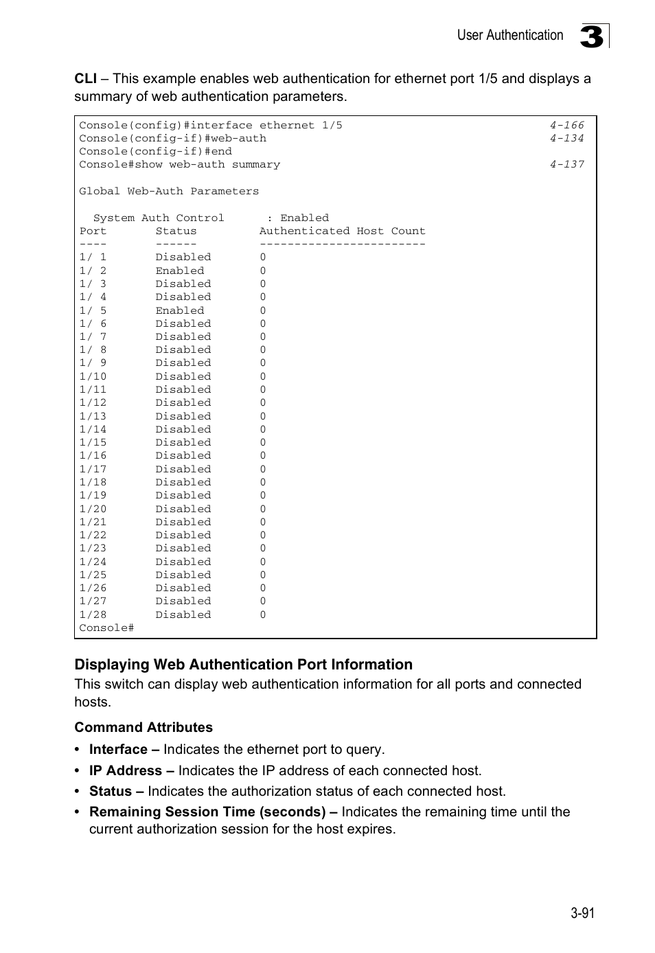 Displaying web authentication port information | Accton Technology Edge-corE Fast Ethernet Switch ES3528M-SFP User Manual | Page 141 / 644