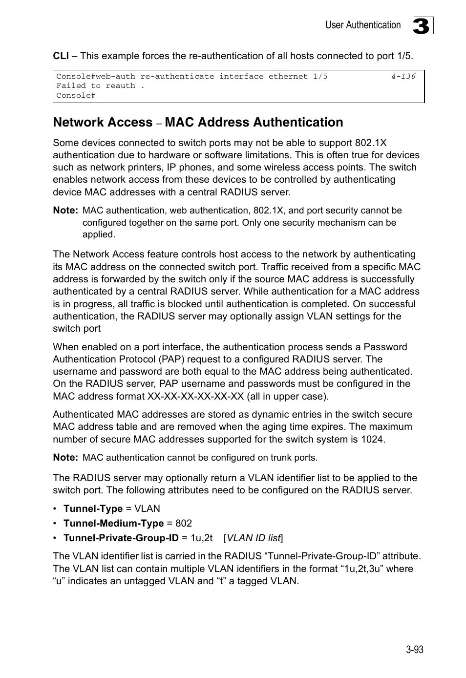 Network access - mac address authentication, Network access – mac address authentication, Network access | Mac address authentication | Accton Technology Edge-corE Fast Ethernet Switch ES3528M-SFP User Manual | Page 143 / 644