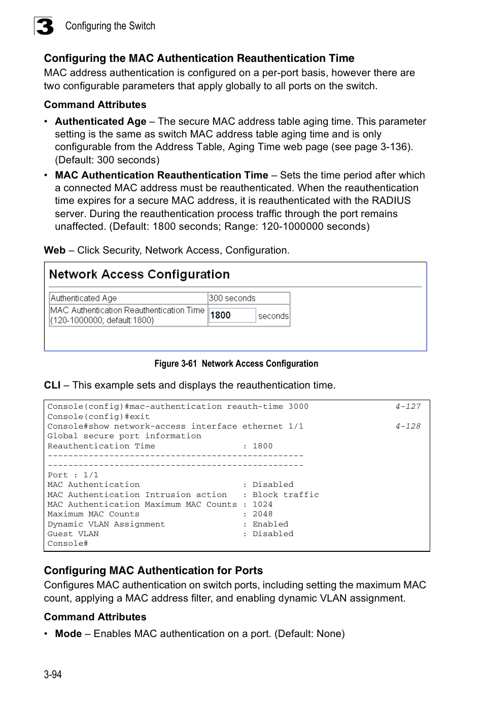 Configuring mac authentication for ports, Figure 3-61, Network access configuration | Accton Technology Edge-corE Fast Ethernet Switch ES3528M-SFP User Manual | Page 144 / 644