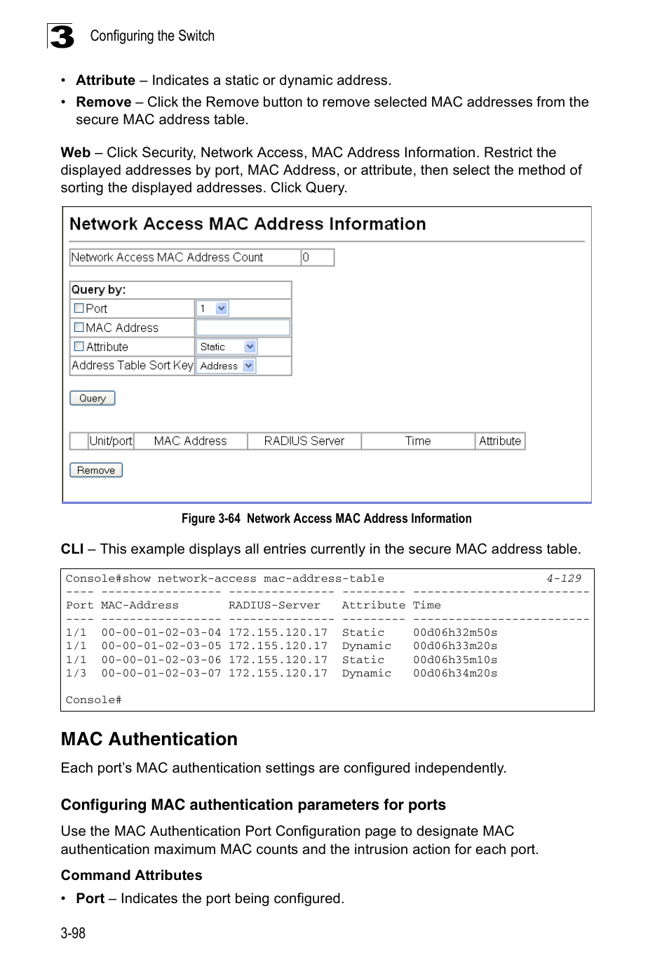 Mac authentication, Figure 3-64, Network access mac address information | Accton Technology Edge-corE Fast Ethernet Switch ES3528M-SFP User Manual | Page 148 / 644