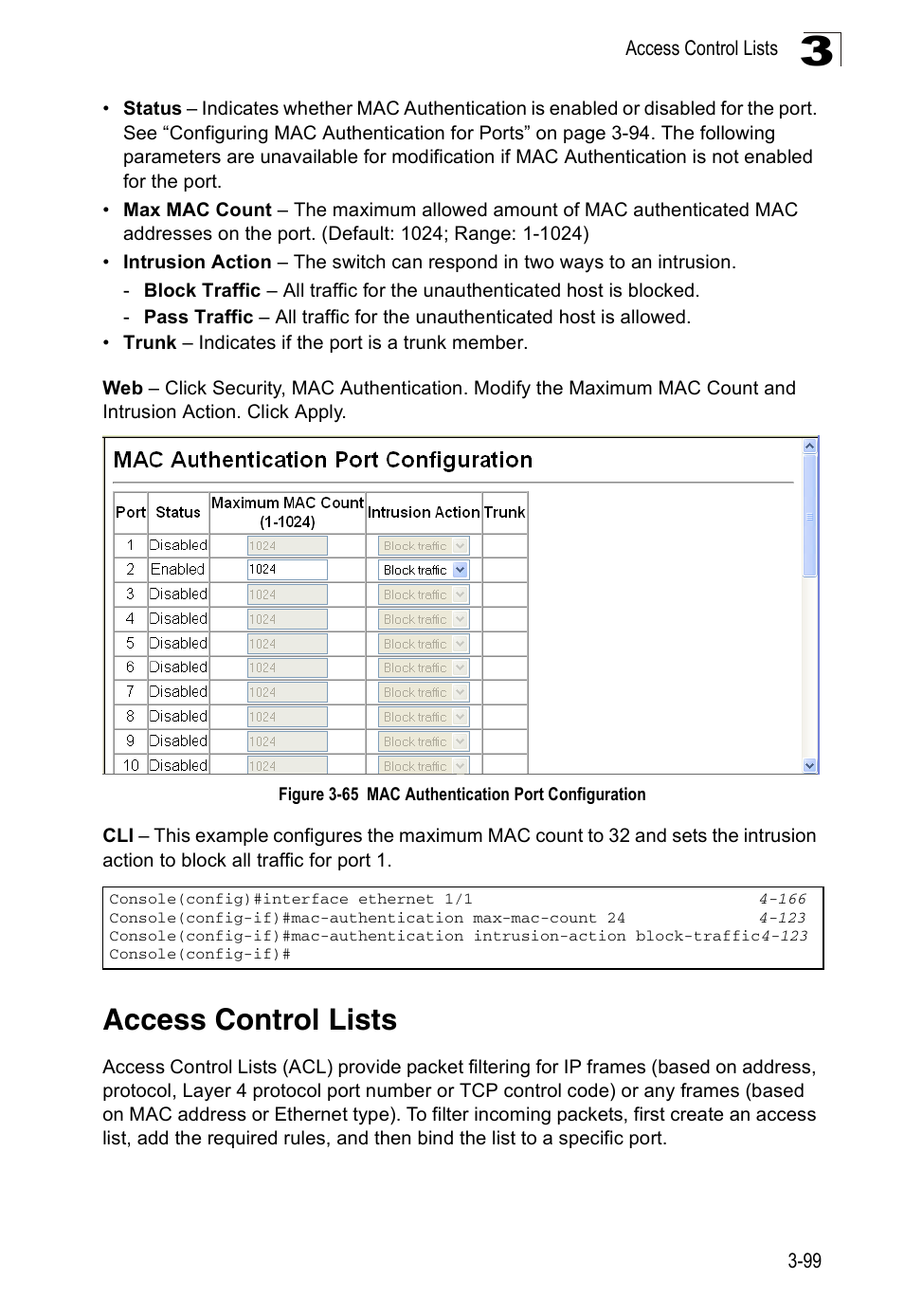 Access control lists, Figure 3-65, Mac authentication port configuration | Accton Technology Edge-corE Fast Ethernet Switch ES3528M-SFP User Manual | Page 149 / 644