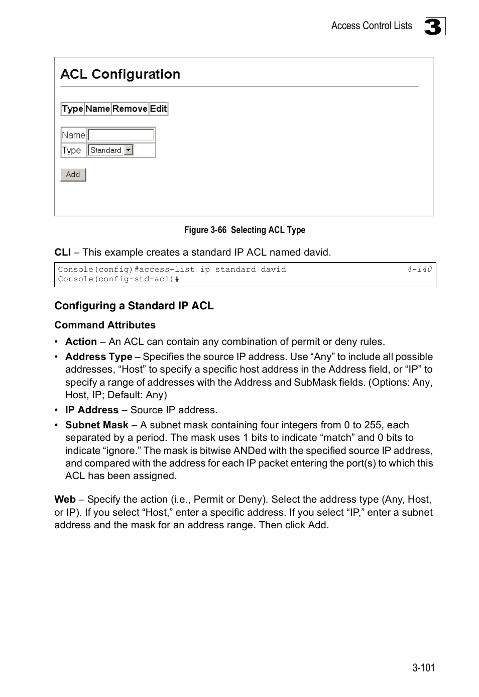 Configuring a standard ip acl, Figure 3-66, Selecting acl type | Accton Technology Edge-corE Fast Ethernet Switch ES3528M-SFP User Manual | Page 151 / 644