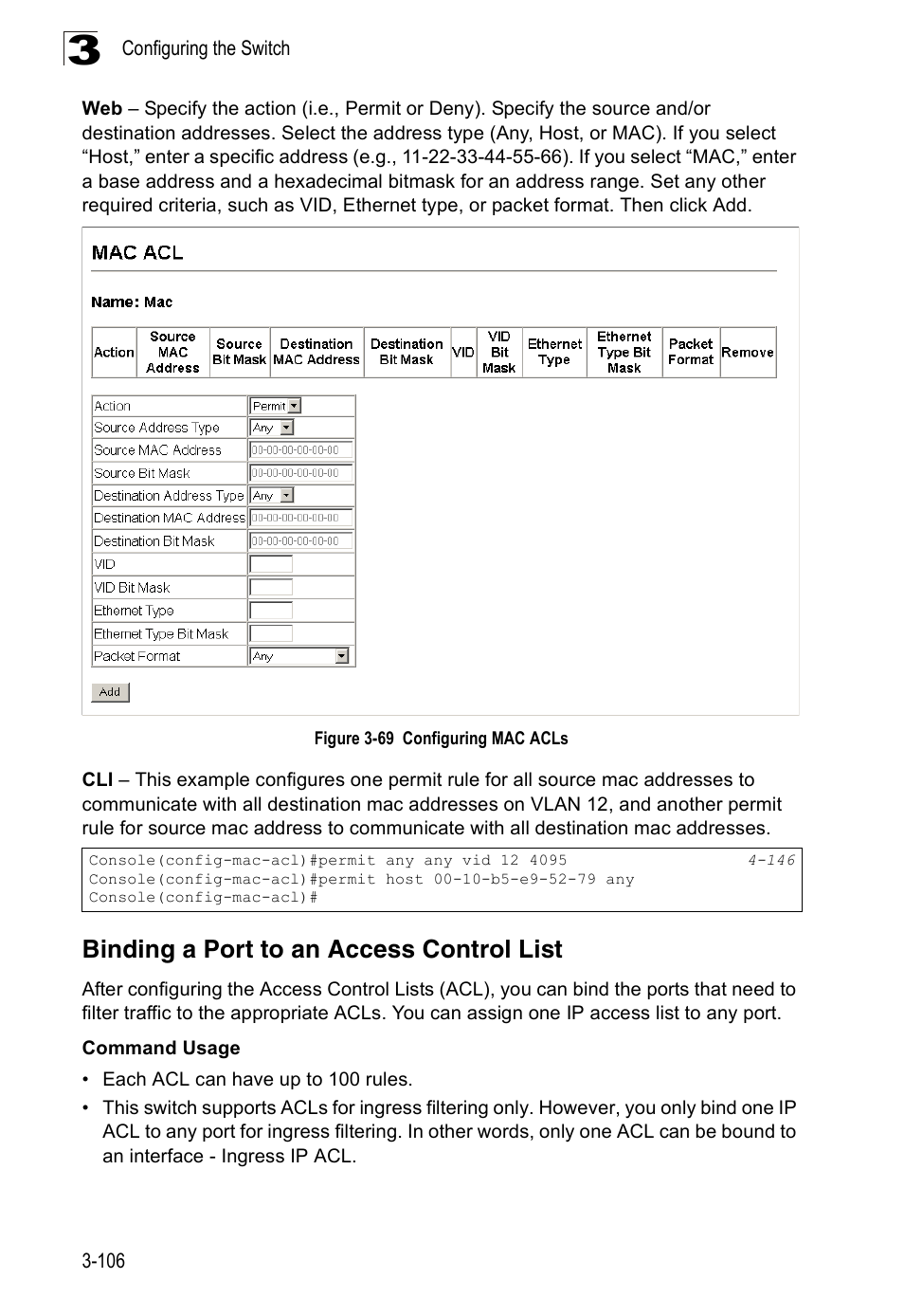 Binding a port to an access control list, Figure 3-69, Configuring mac acls | Accton Technology Edge-corE Fast Ethernet Switch ES3528M-SFP User Manual | Page 156 / 644