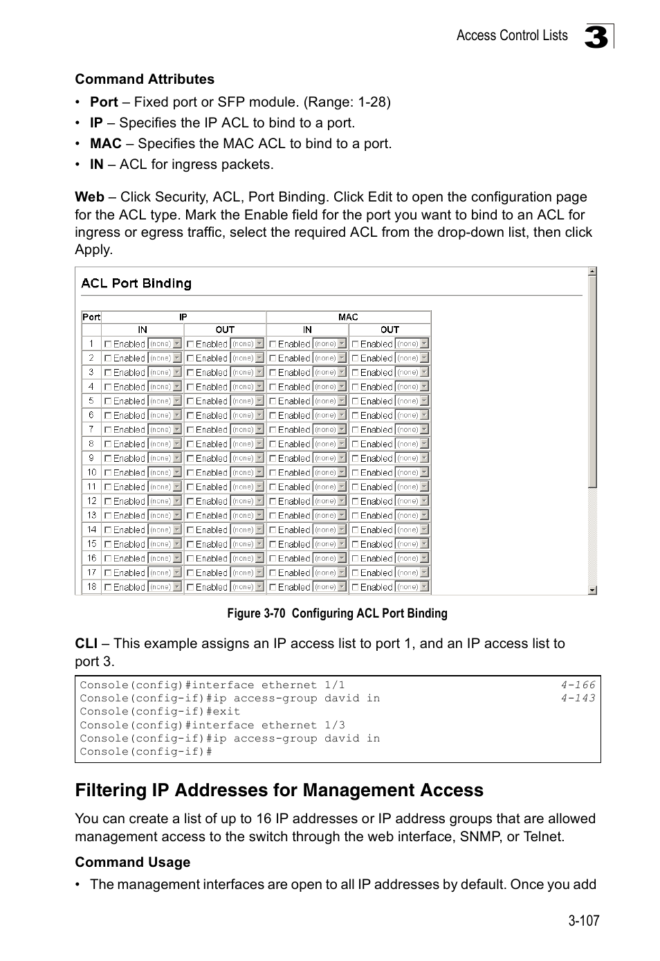 Filtering ip addresses for management access, Figure 3-70, Configuring acl port binding | Accton Technology Edge-corE Fast Ethernet Switch ES3528M-SFP User Manual | Page 157 / 644