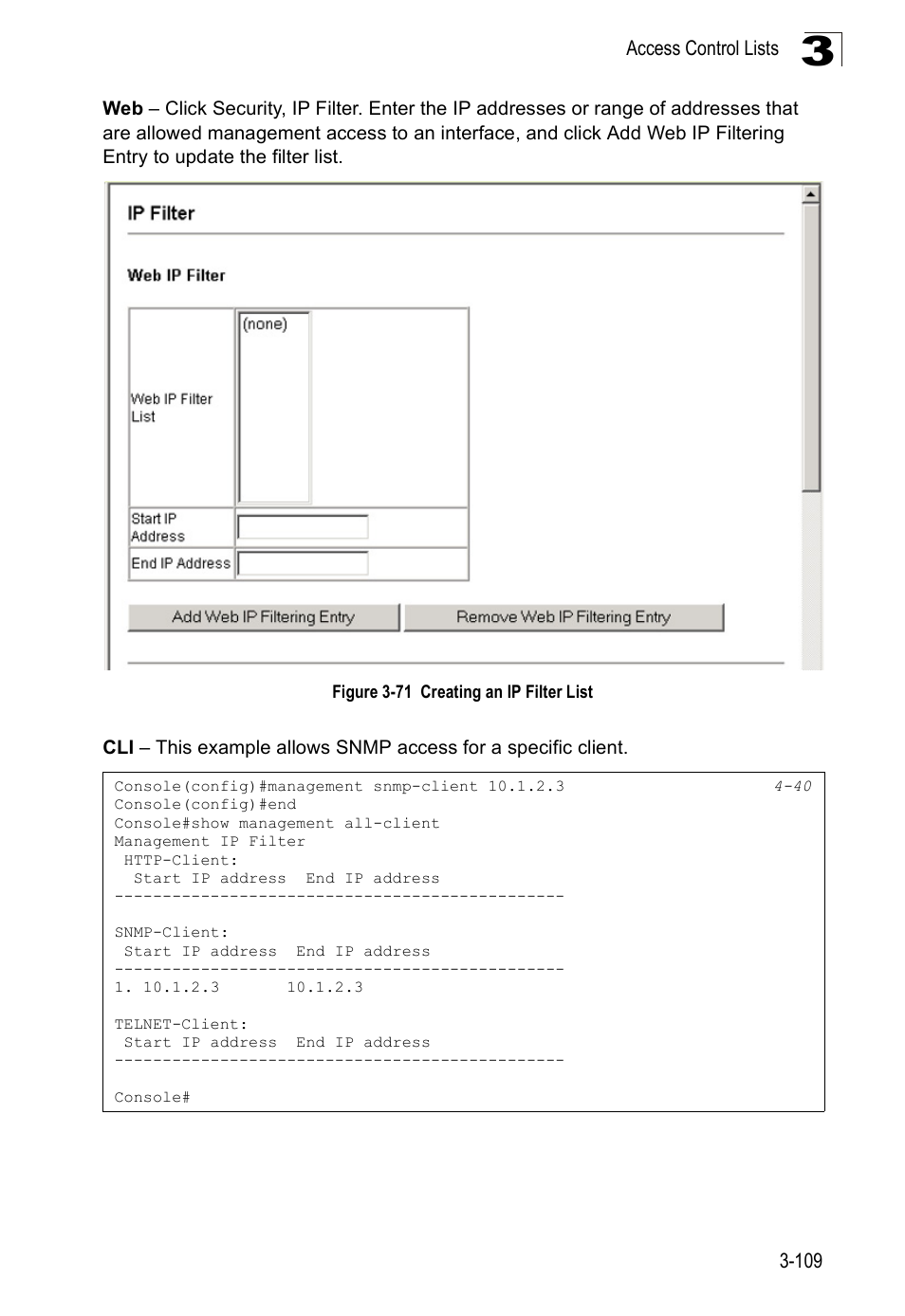 Figure 3-71, Creating an ip filter list | Accton Technology Edge-corE Fast Ethernet Switch ES3528M-SFP User Manual | Page 159 / 644