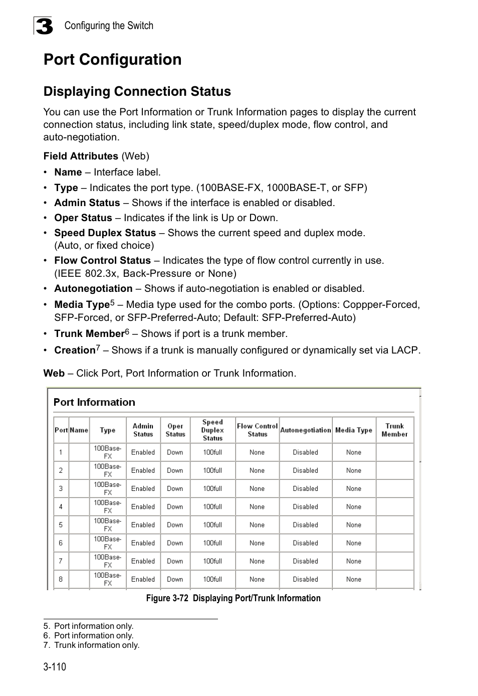 Port configuration, Displaying connection status, Figure 3-72 | Displaying port/trunk information | Accton Technology Edge-corE Fast Ethernet Switch ES3528M-SFP User Manual | Page 160 / 644