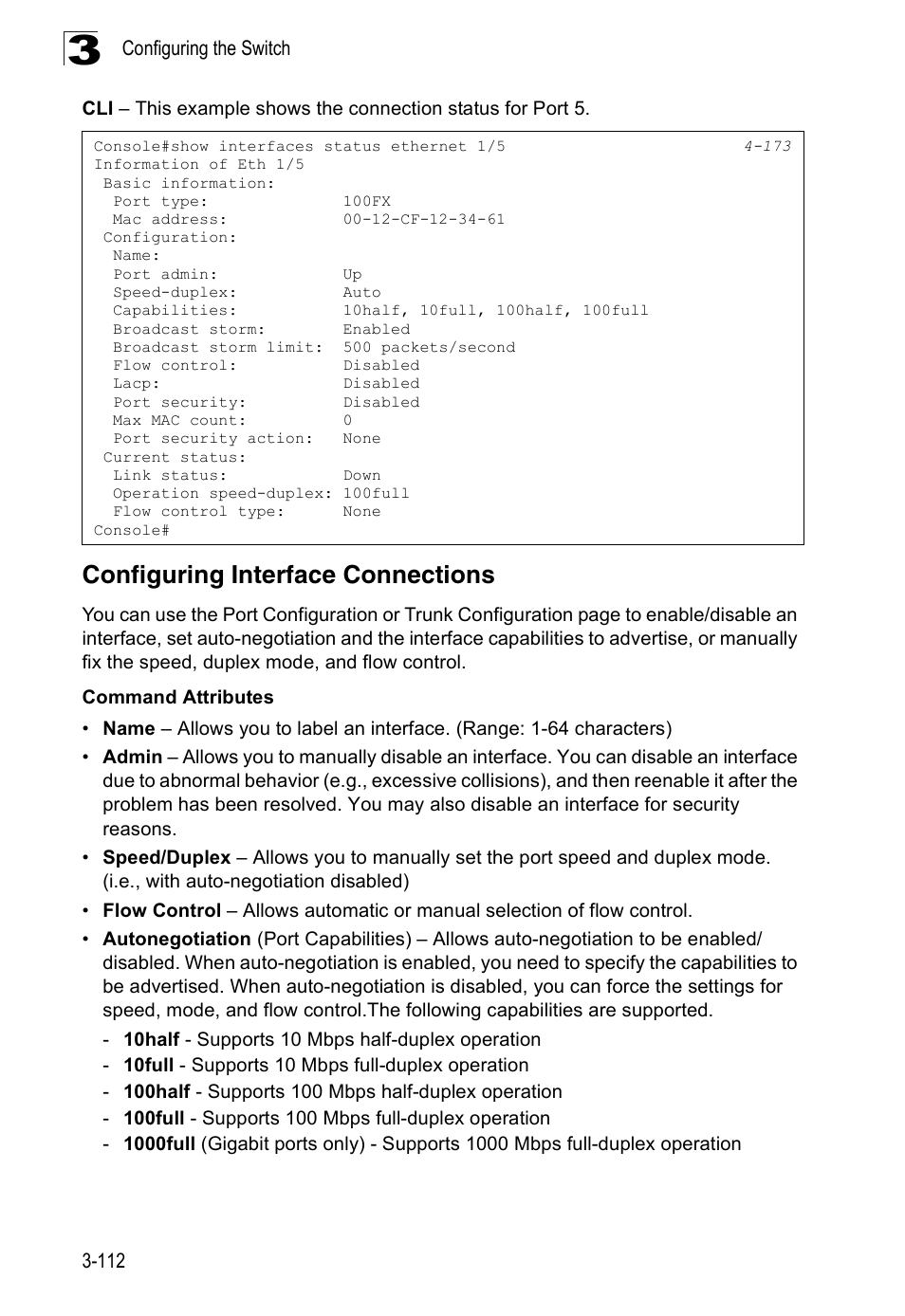 Configuring interface connections | Accton Technology Edge-corE Fast Ethernet Switch ES3528M-SFP User Manual | Page 162 / 644