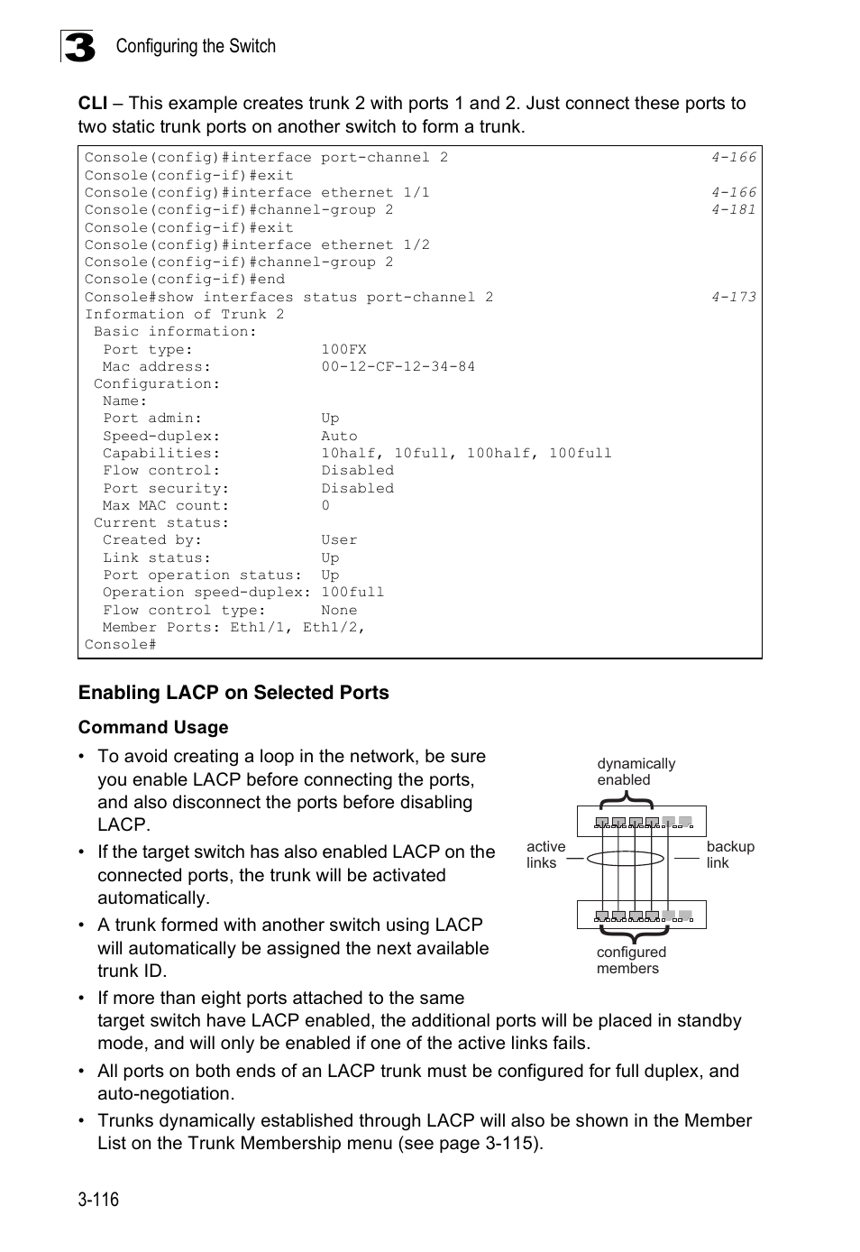 Enabling lacp on selected ports | Accton Technology Edge-corE Fast Ethernet Switch ES3528M-SFP User Manual | Page 166 / 644