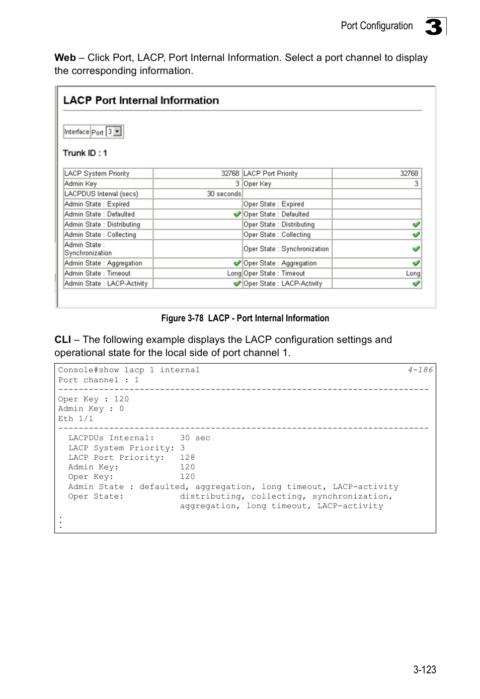 Figure 3-78, Lacp - port internal information | Accton Technology Edge-corE Fast Ethernet Switch ES3528M-SFP User Manual | Page 173 / 644