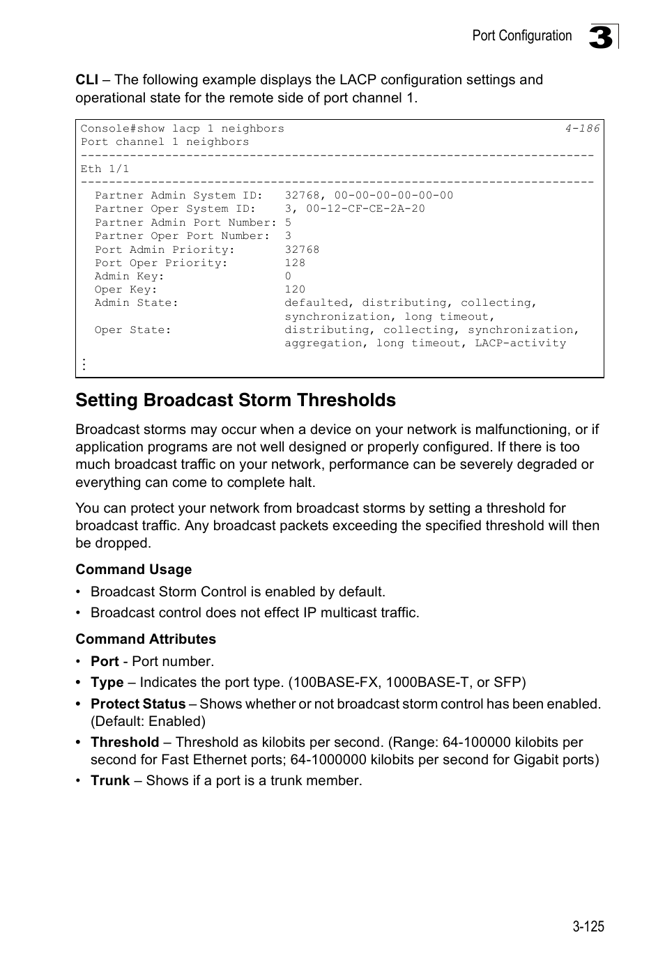 Setting broadcast storm thresholds | Accton Technology Edge-corE Fast Ethernet Switch ES3528M-SFP User Manual | Page 175 / 644