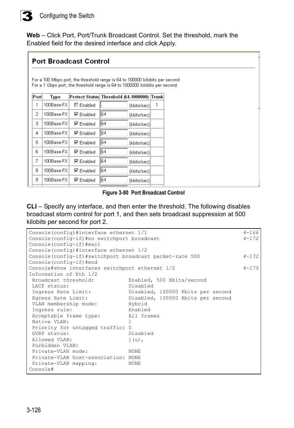 Figure 3-80, Port broadcast control | Accton Technology Edge-corE Fast Ethernet Switch ES3528M-SFP User Manual | Page 176 / 644