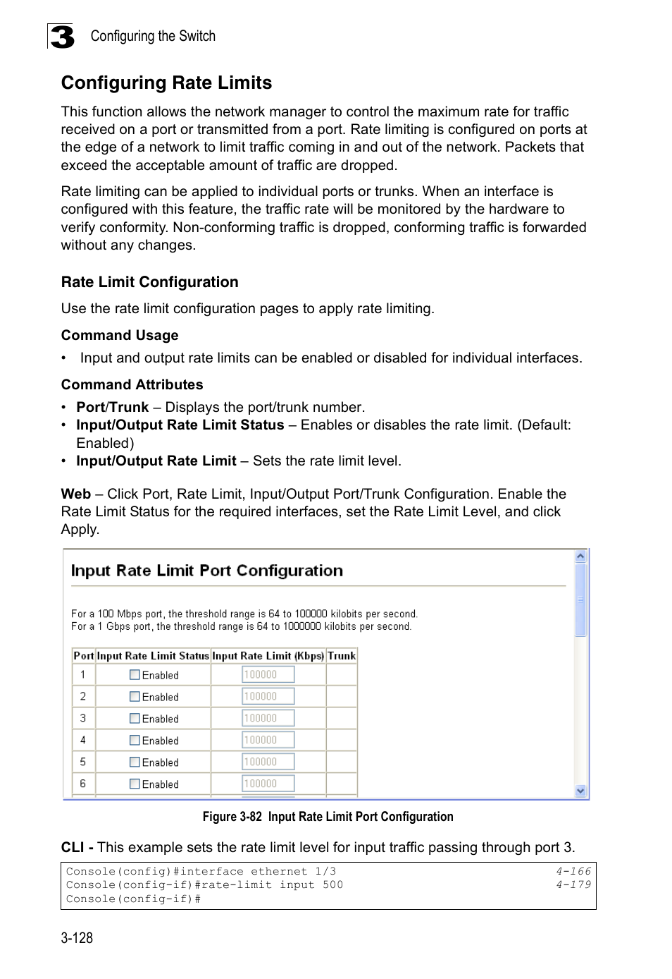 Configuring rate limits, Rate limit configuration, Figure 3-82 | Input rate limit port configuration | Accton Technology Edge-corE Fast Ethernet Switch ES3528M-SFP User Manual | Page 178 / 644
