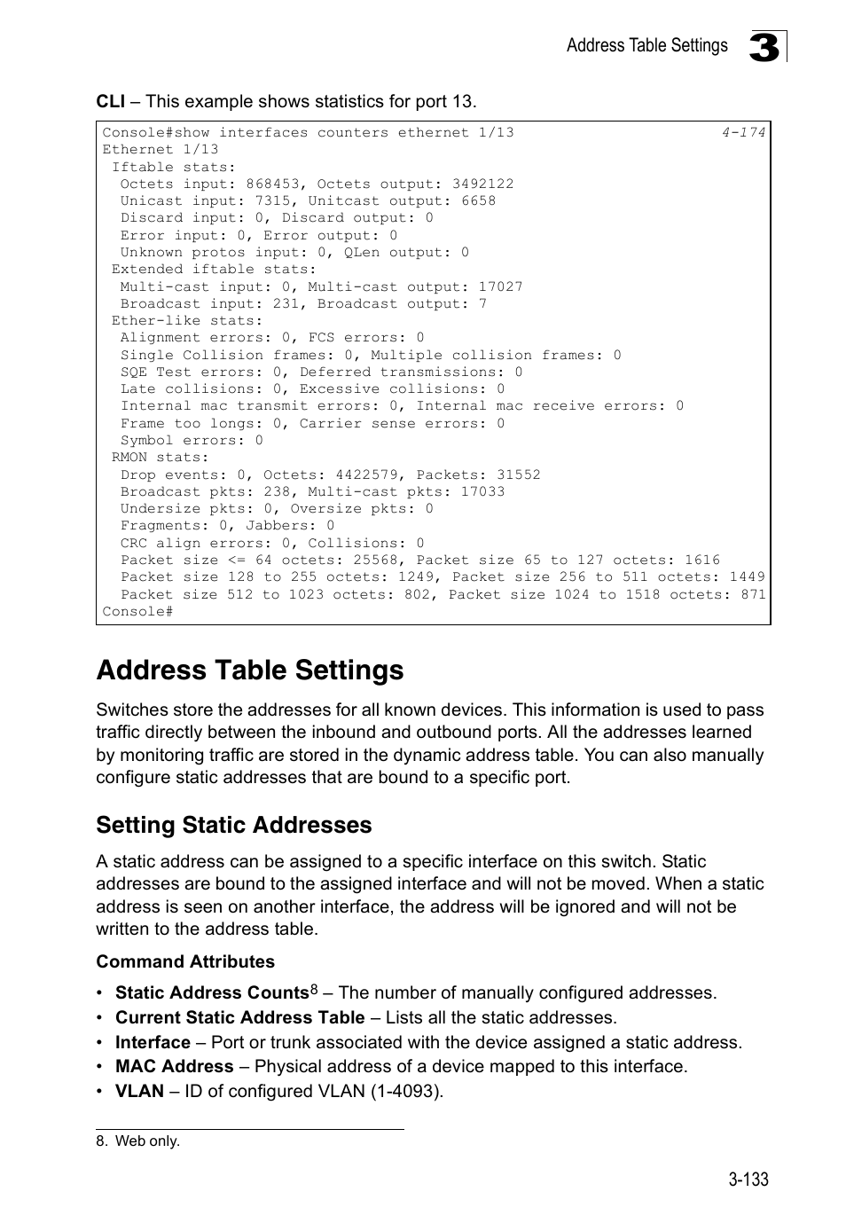 Address table settings, Setting static addresses | Accton Technology Edge-corE Fast Ethernet Switch ES3528M-SFP User Manual | Page 183 / 644