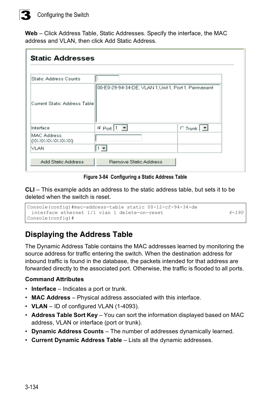 Displaying the address table, Figure 3-84, Configuring a static address table | Accton Technology Edge-corE Fast Ethernet Switch ES3528M-SFP User Manual | Page 184 / 644