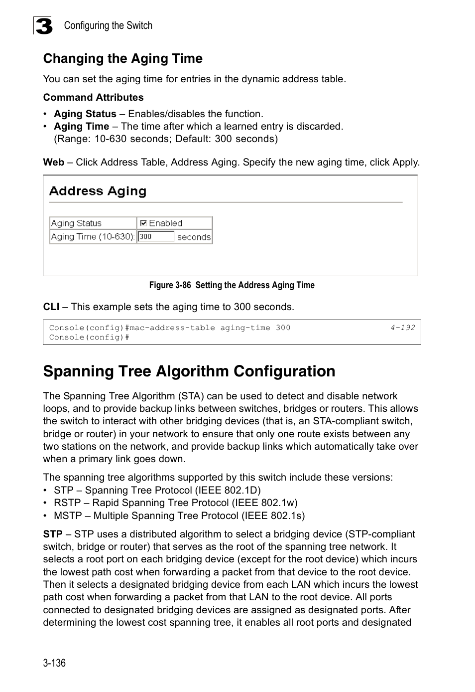 Changing the aging time, Spanning tree algorithm configuration, Figure 3-86 | Setting the address aging time | Accton Technology Edge-corE Fast Ethernet Switch ES3528M-SFP User Manual | Page 186 / 644