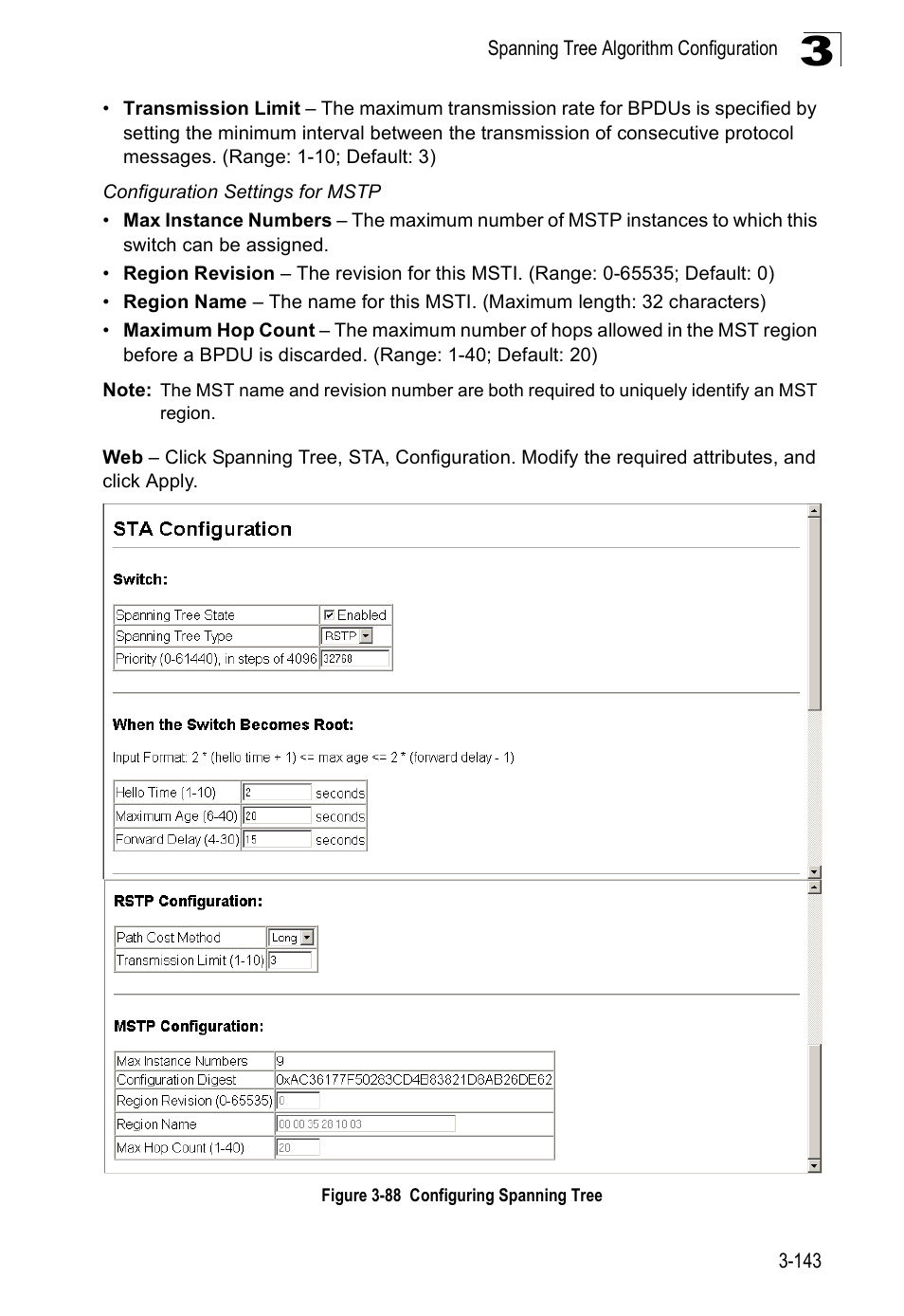 Figure 3-88 configuring spanning tree | Accton Technology Edge-corE Fast Ethernet Switch ES3528M-SFP User Manual | Page 193 / 644