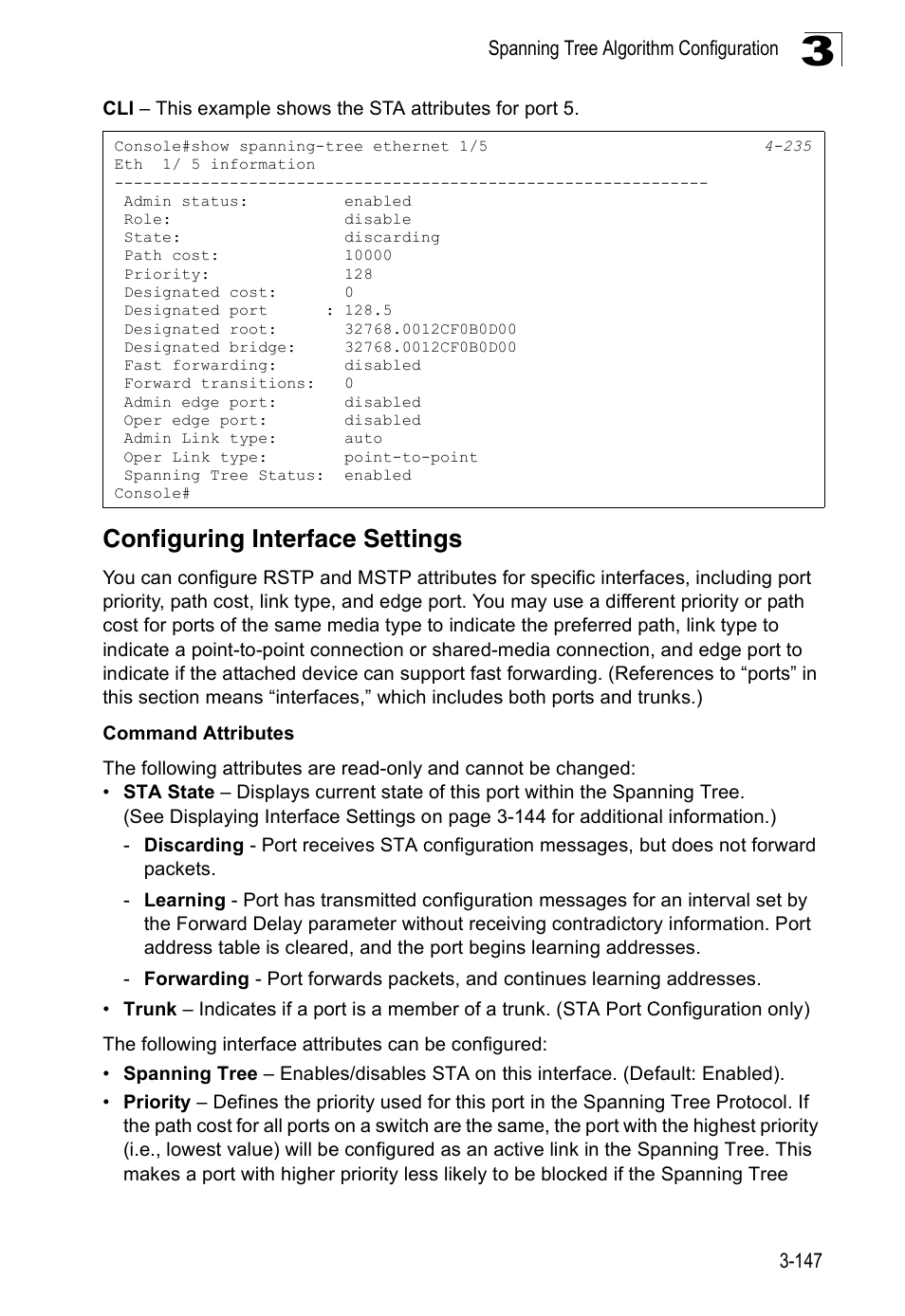 Configuring interface settings | Accton Technology Edge-corE Fast Ethernet Switch ES3528M-SFP User Manual | Page 197 / 644