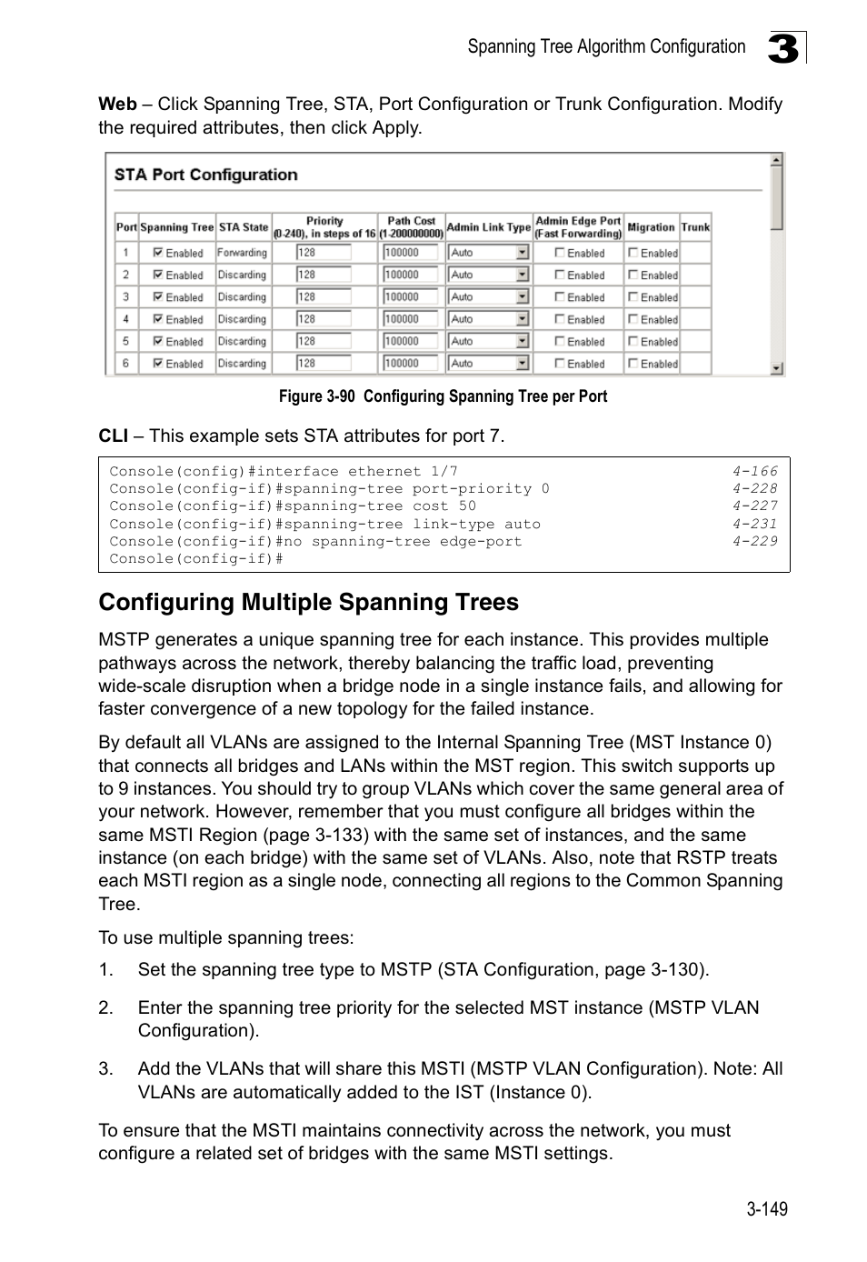 Configuring multiple spanning trees, Figure 3-90 configuring spanning tree per port | Accton Technology Edge-corE Fast Ethernet Switch ES3528M-SFP User Manual | Page 199 / 644